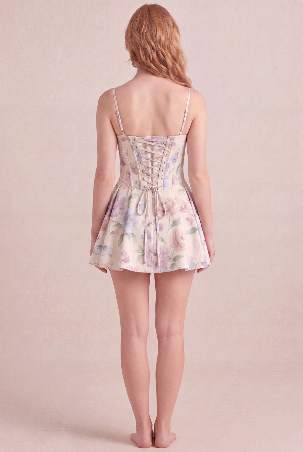 Aquarelle Bloom Floral Dress – Corset lace-up back, mini length, back view