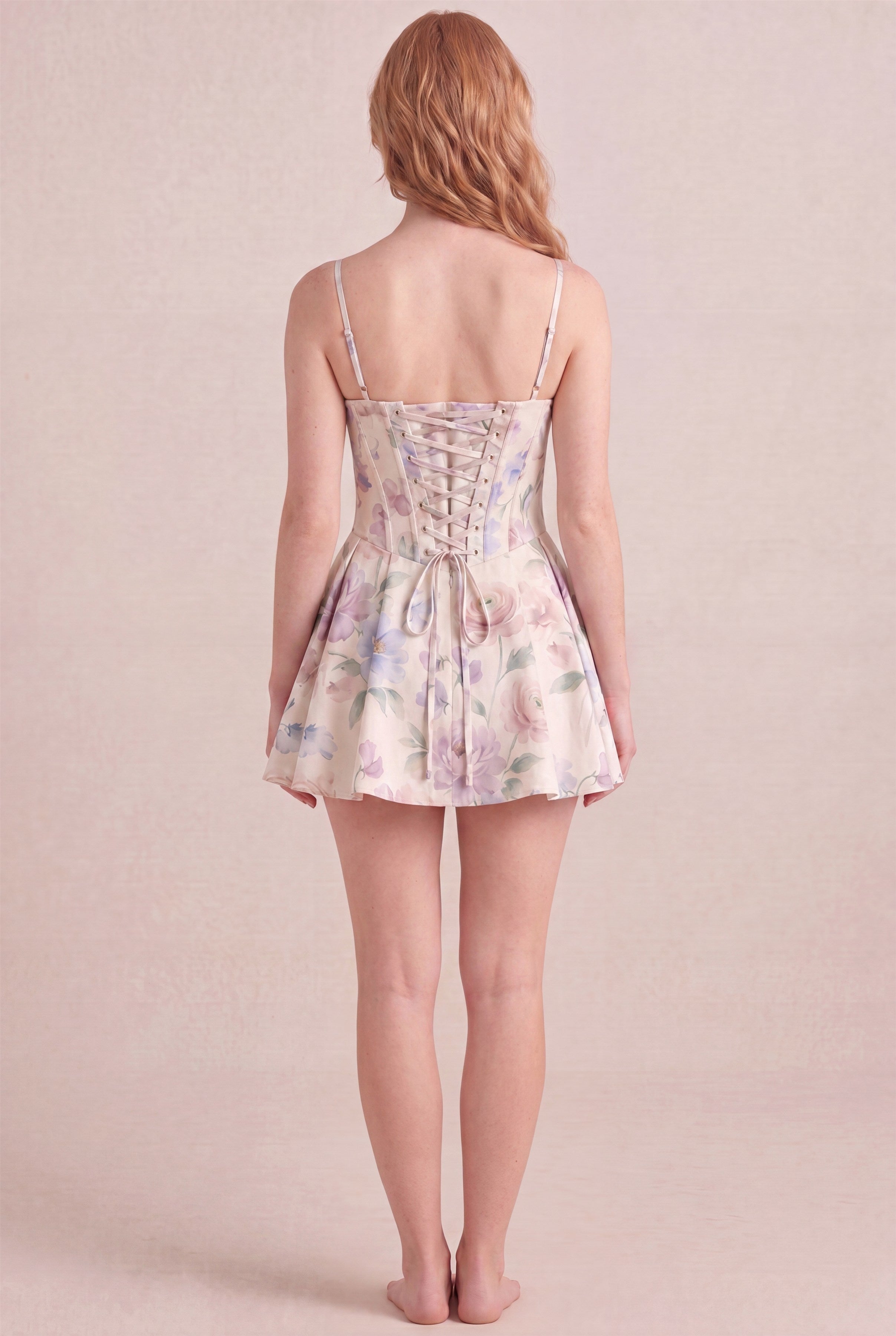 Aquarelle Bloom Floral Dress – Corset lace-up back, mini length, back view