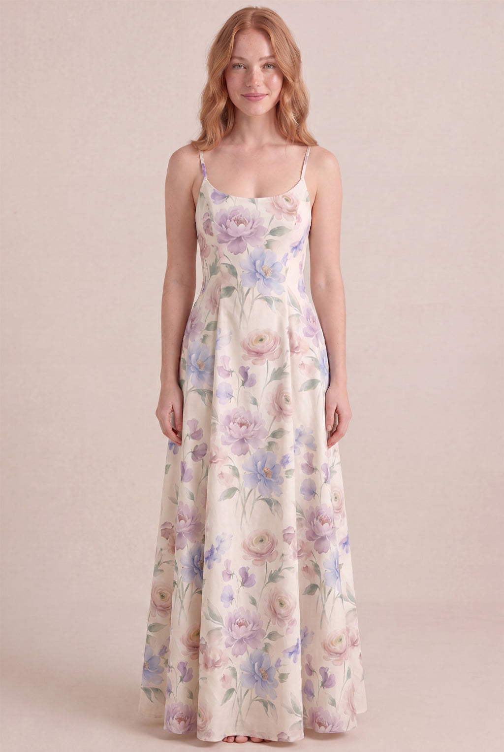 Aquarelle Bloom Floral Dress – Regular scoop neckline, maxi length, front view