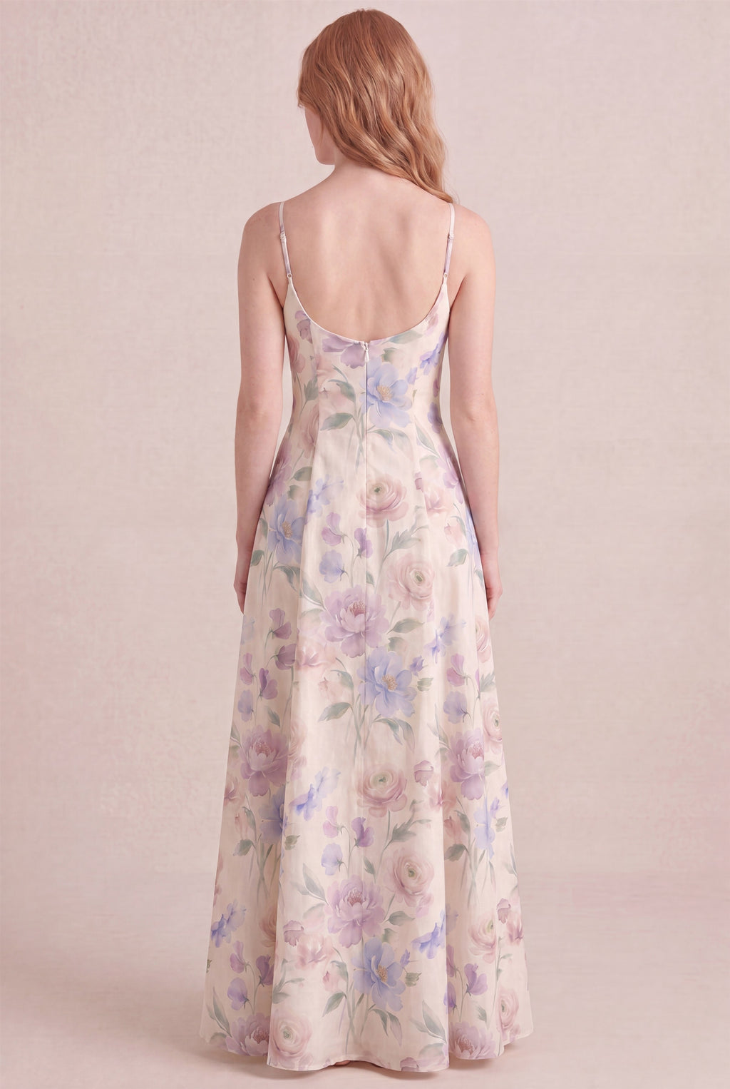 Aquarelle Bloom Floral Dress – Regular scoop back, maxi length, back view