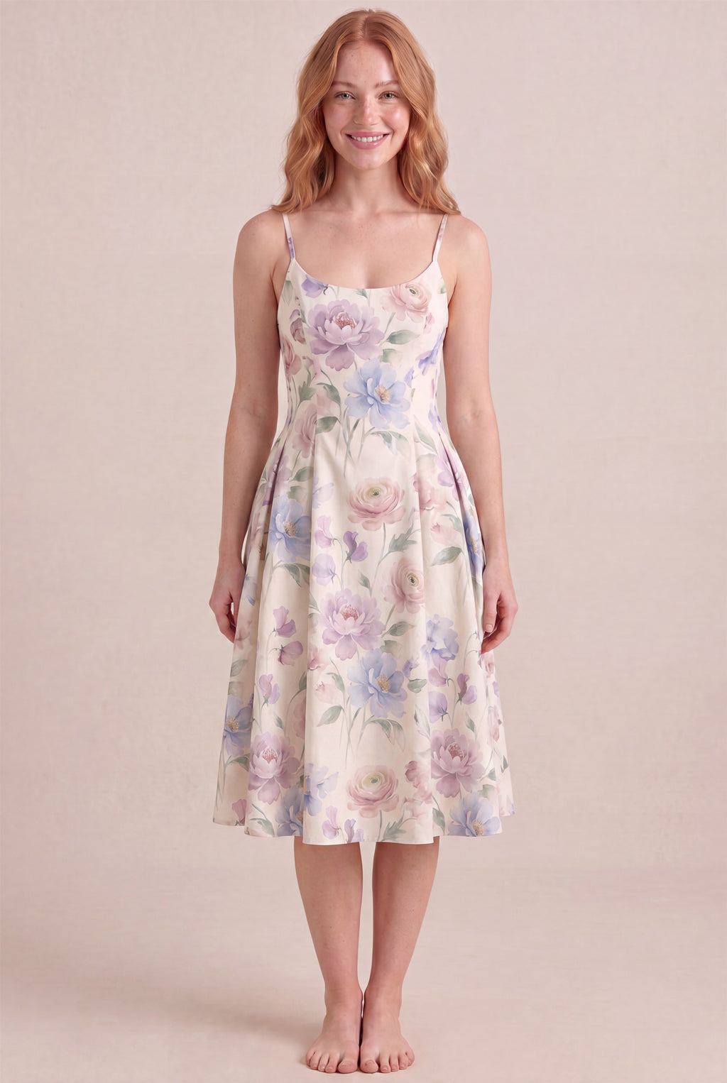 Aquarelle Bloom Floral Dress – Regular scoop neckline, midi length, front view
