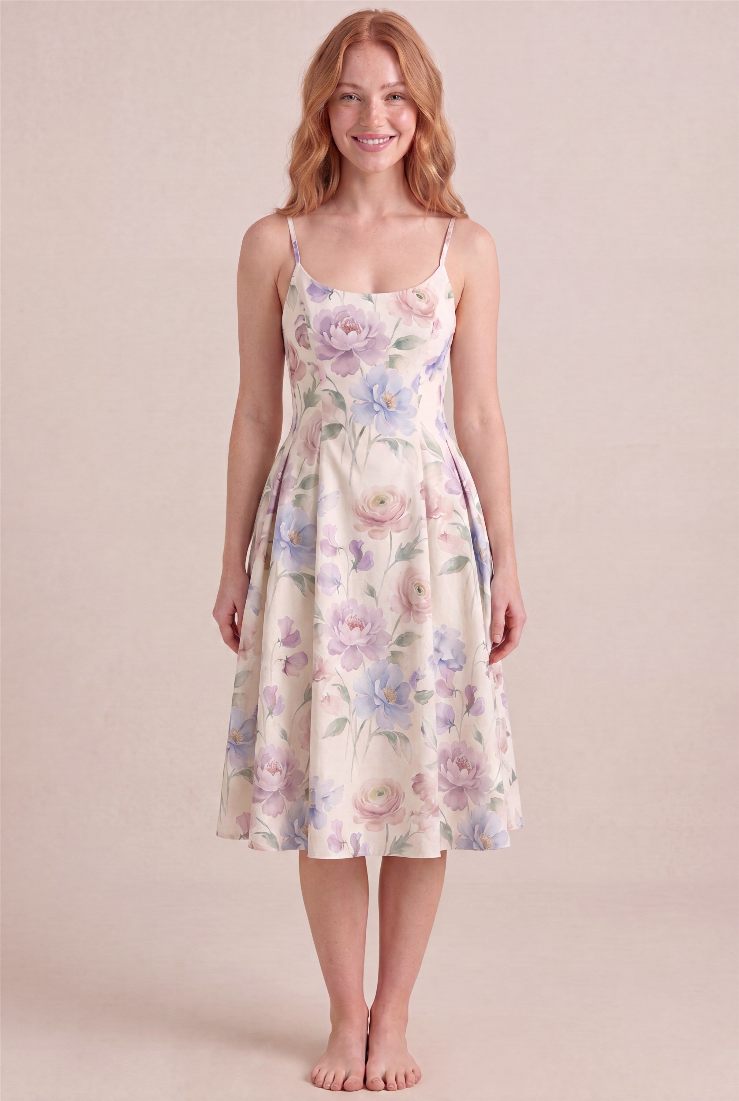 Aquarelle Bloom Floral Dress – Regular scoop neckline, midi length, front view