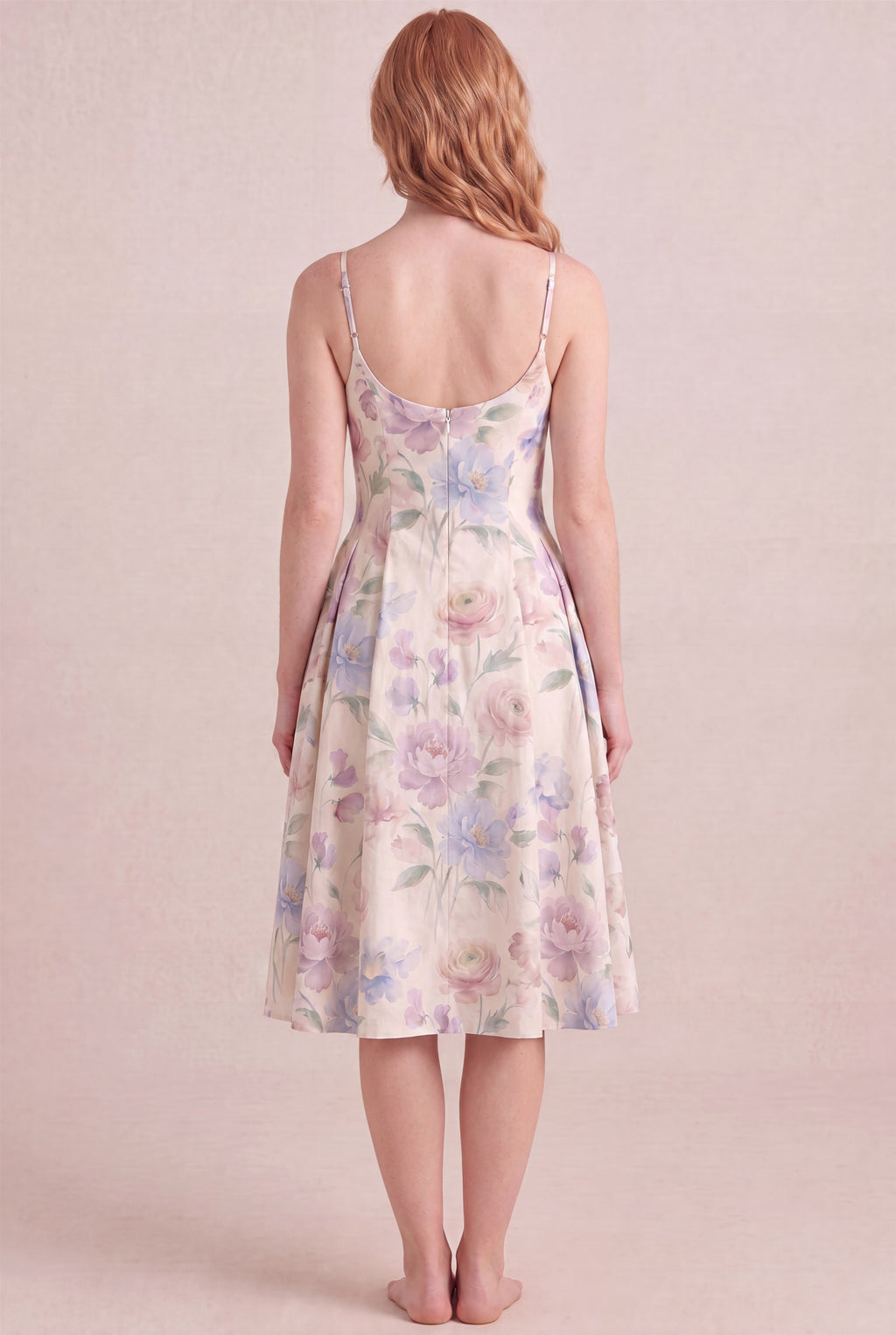 Aquarelle Bloom Floral Dress – Regular scoop back, midi length, back view