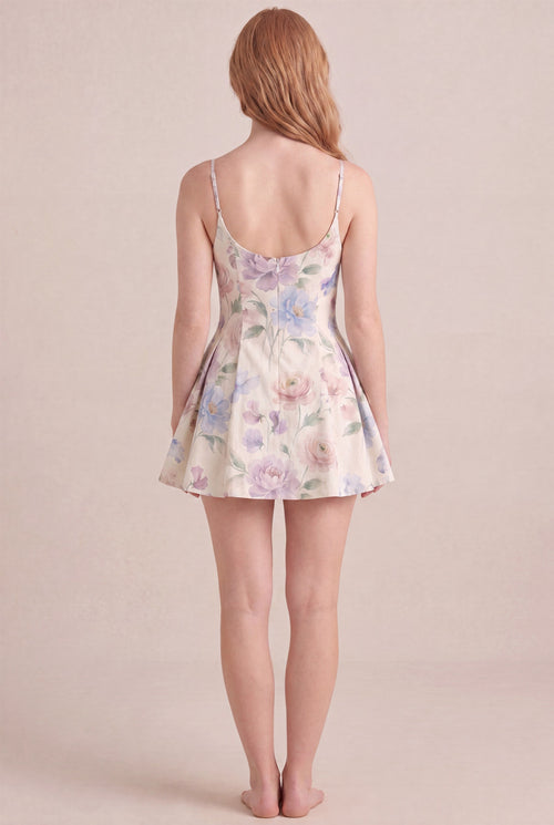 Aquarelle Bloom Floral Dress – Regular scoop back, mini length, back view