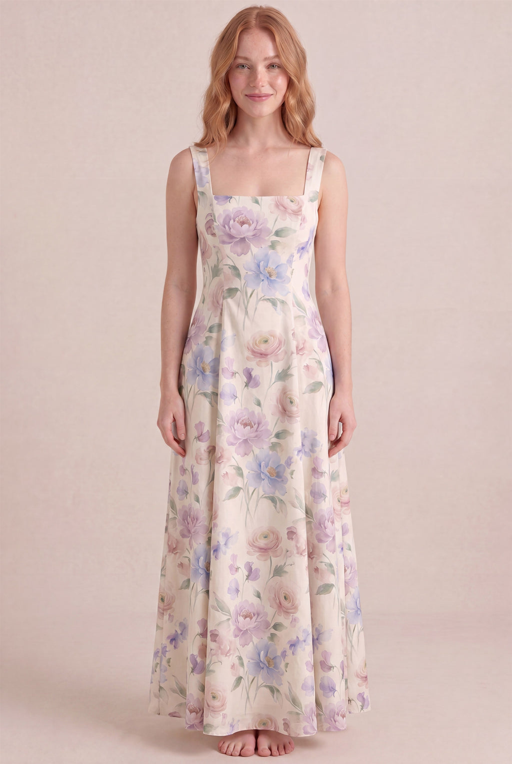 Aquarelle Bloom Floral Dress – Square neckline thick straps, maxi length, front view