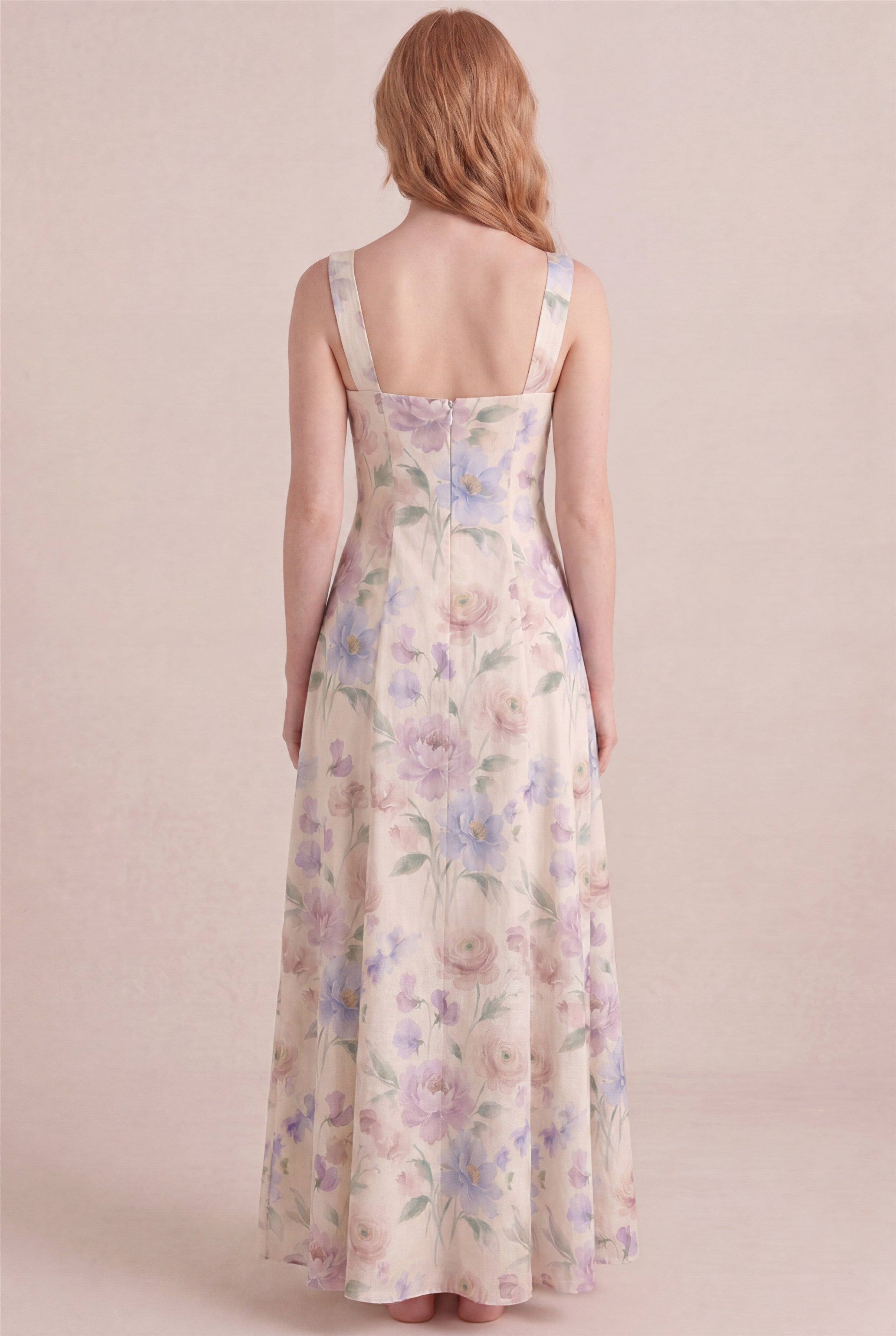 Aquarelle Bloom Floral Dress – Square neck thick straps back, maxi length, back view