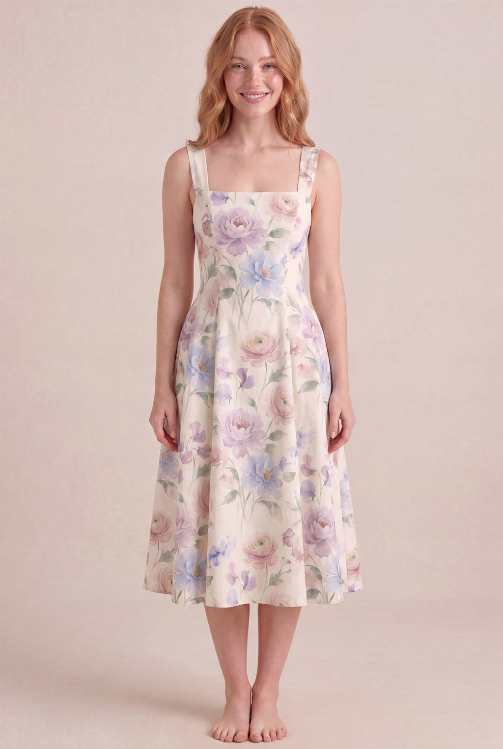 Aquarelle Bloom Floral Dress – Square neckline thick straps, midi length, front view