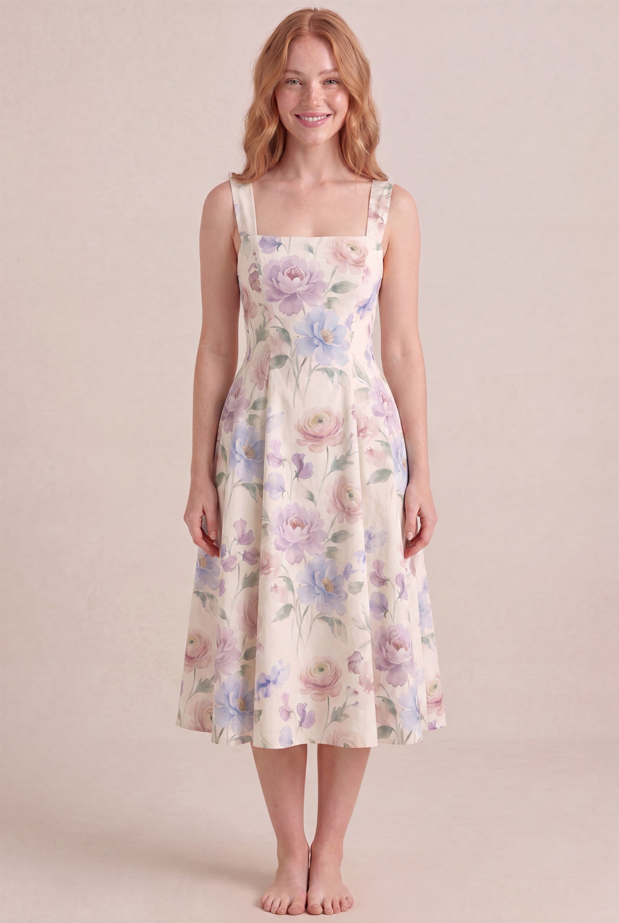 Aquarelle Bloom Floral Dress – Square neckline thick straps, midi length, front view