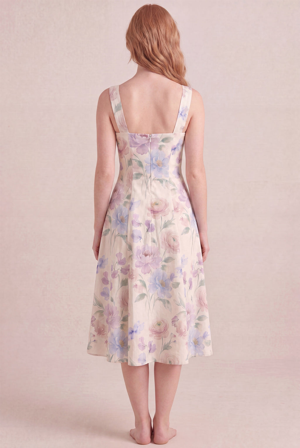 Aquarelle Bloom Floral Dress – Square neck thick straps back, midi length, back view