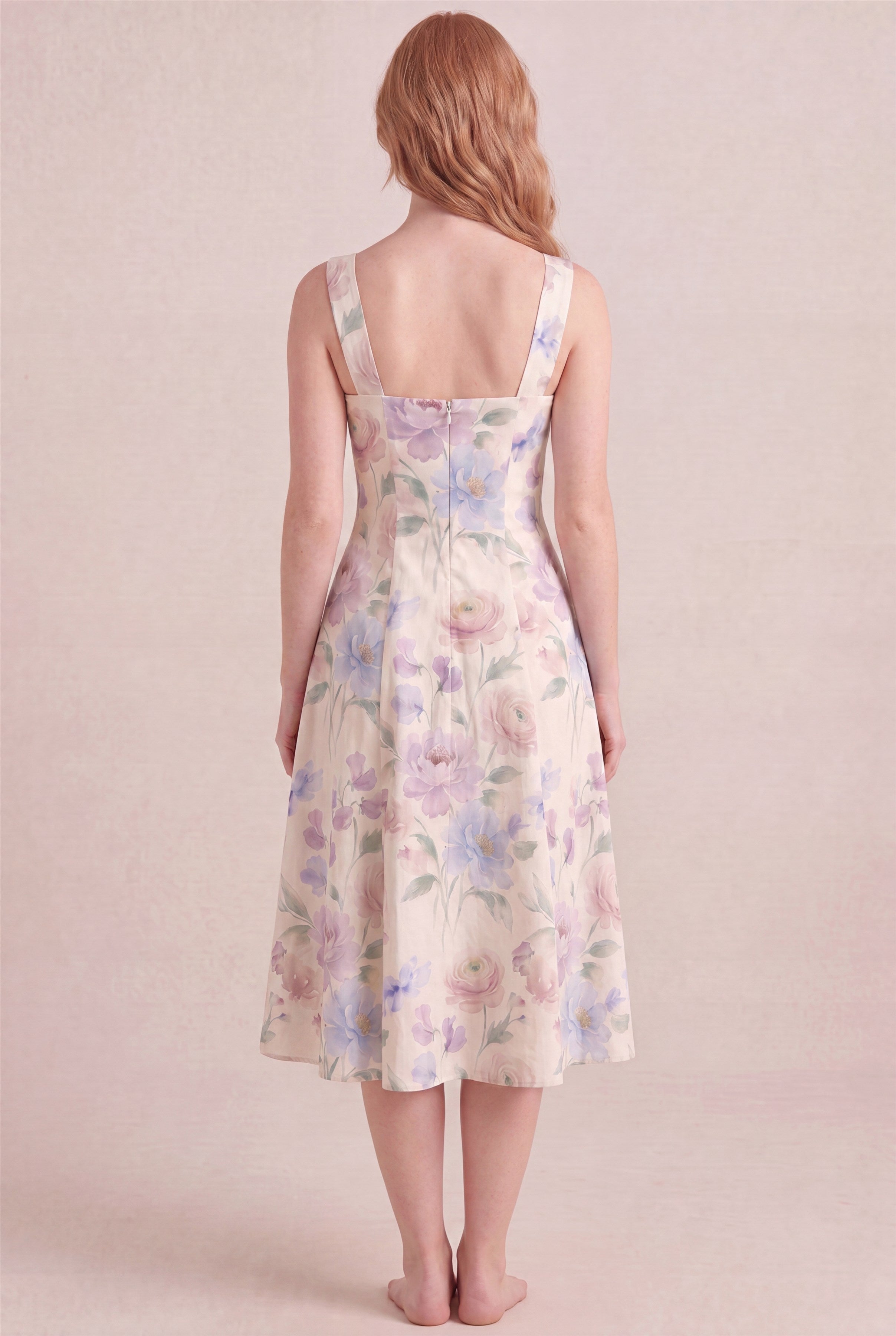 Aquarelle Bloom Floral Dress – Square neck thick straps back, midi length, back view