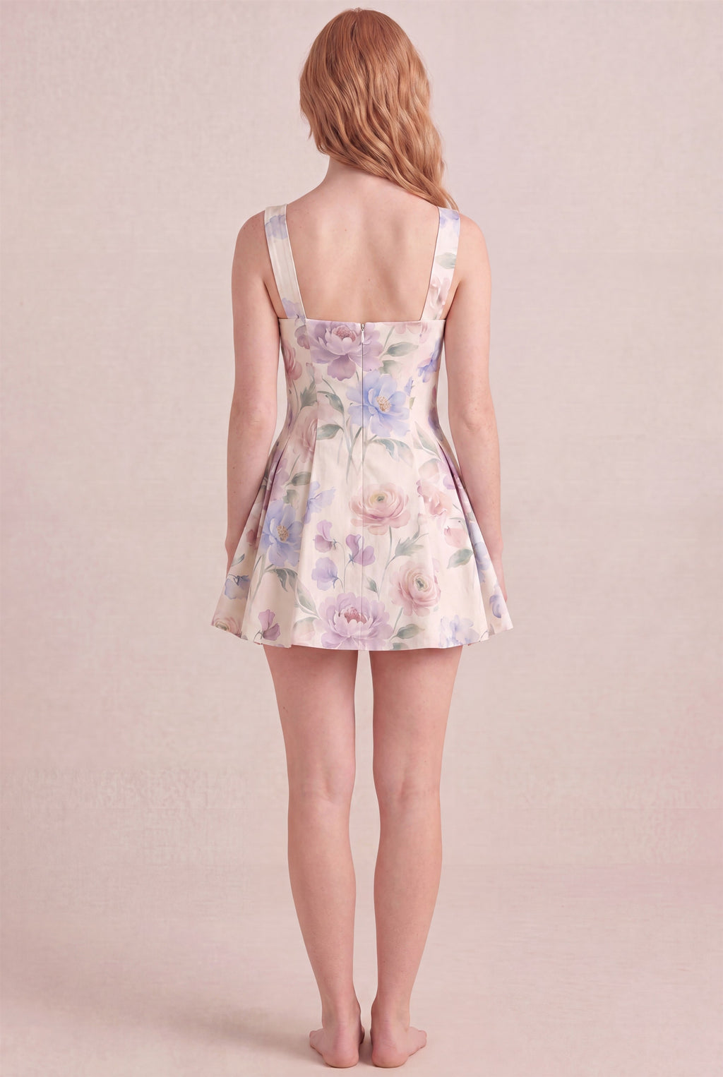 Aquarelle Bloom Floral Dress – Square neck thick straps back, mini length, back view