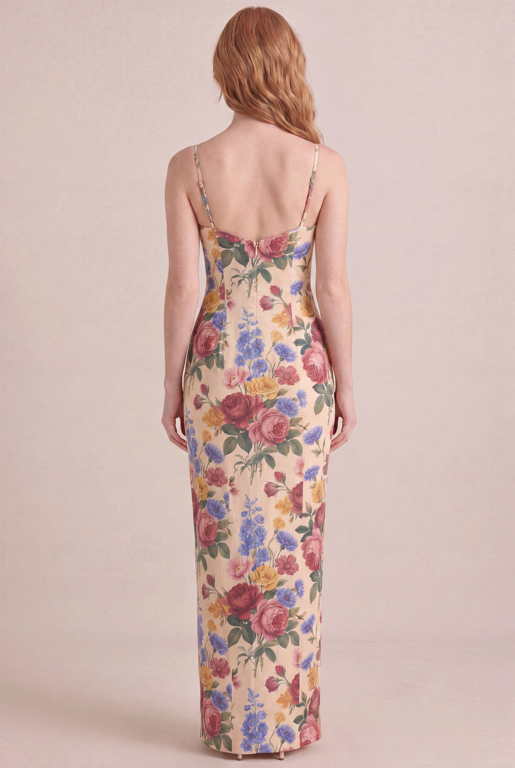 Vintage Rose Floral Dress - Bodycon low scoop back, maxi length, back view