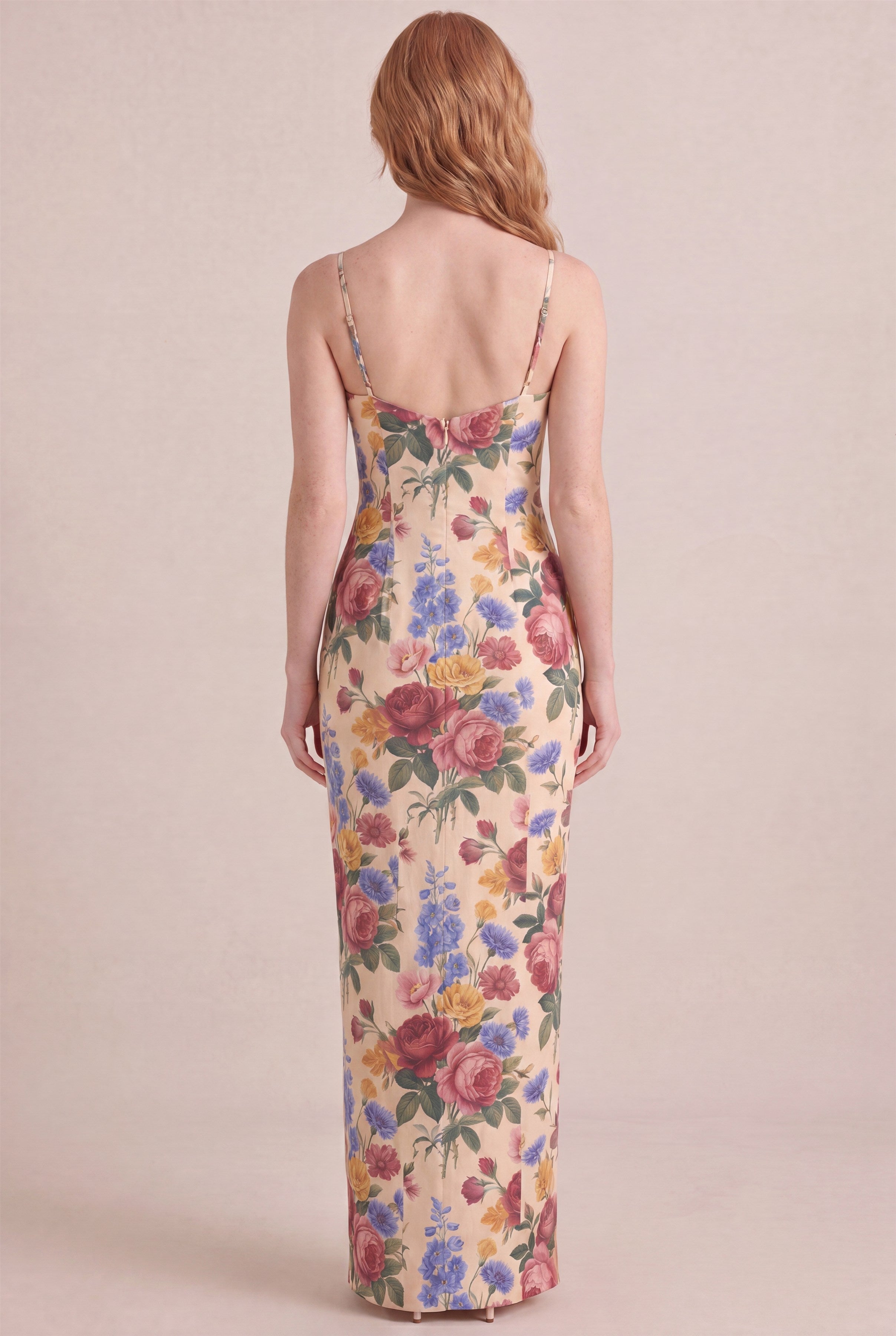 Vintage Rose Floral Dress - Bodycon low scoop back, maxi length, back view