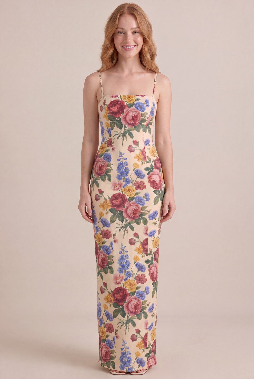 Vintage Rose Floral Dress – Bodycon body-hugging column, maxi length, front view