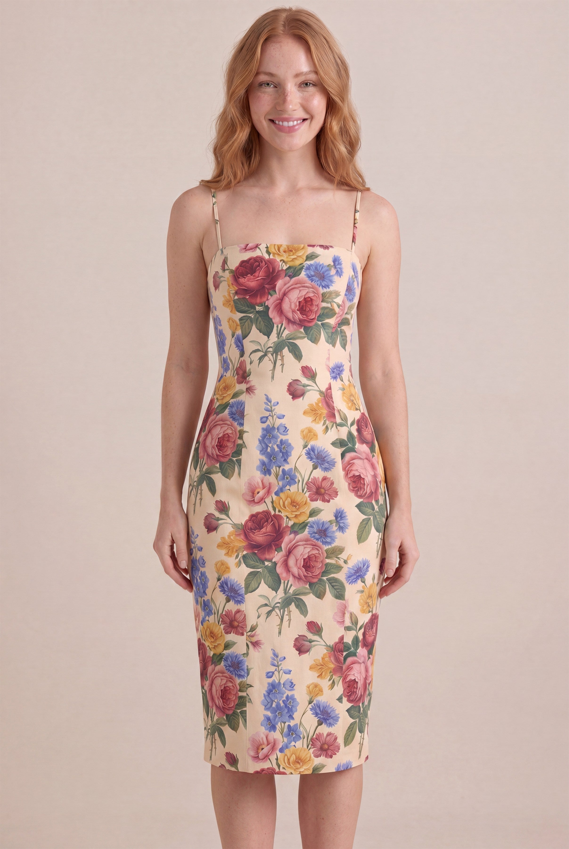 Vintage Rose Floral Dress – Bodycon body-hugging fit, midi knee length, front view