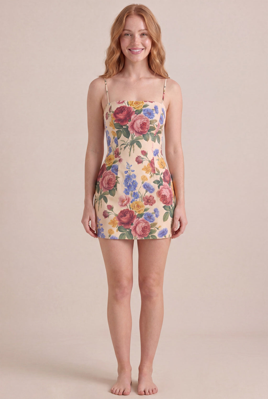 Vintage Rose Floral Dress – Bodycon body-hugging fit, mini length, front view