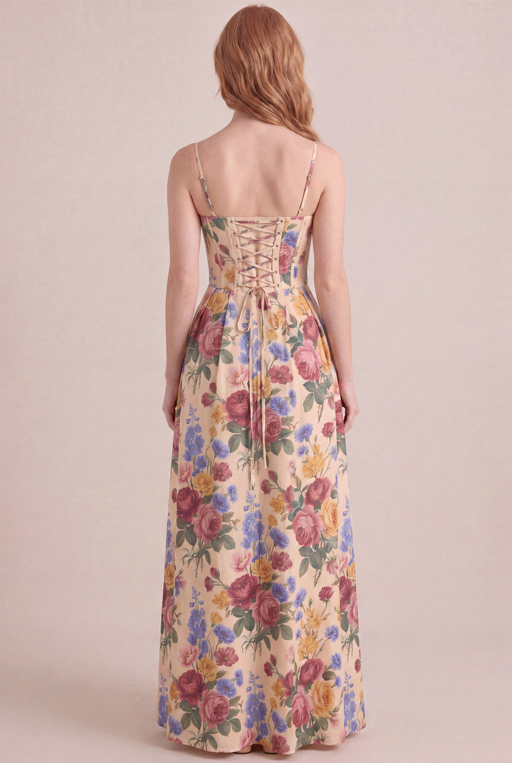 Vintage Rose Floral Dress - Corset lace-up back, maxi length, back view