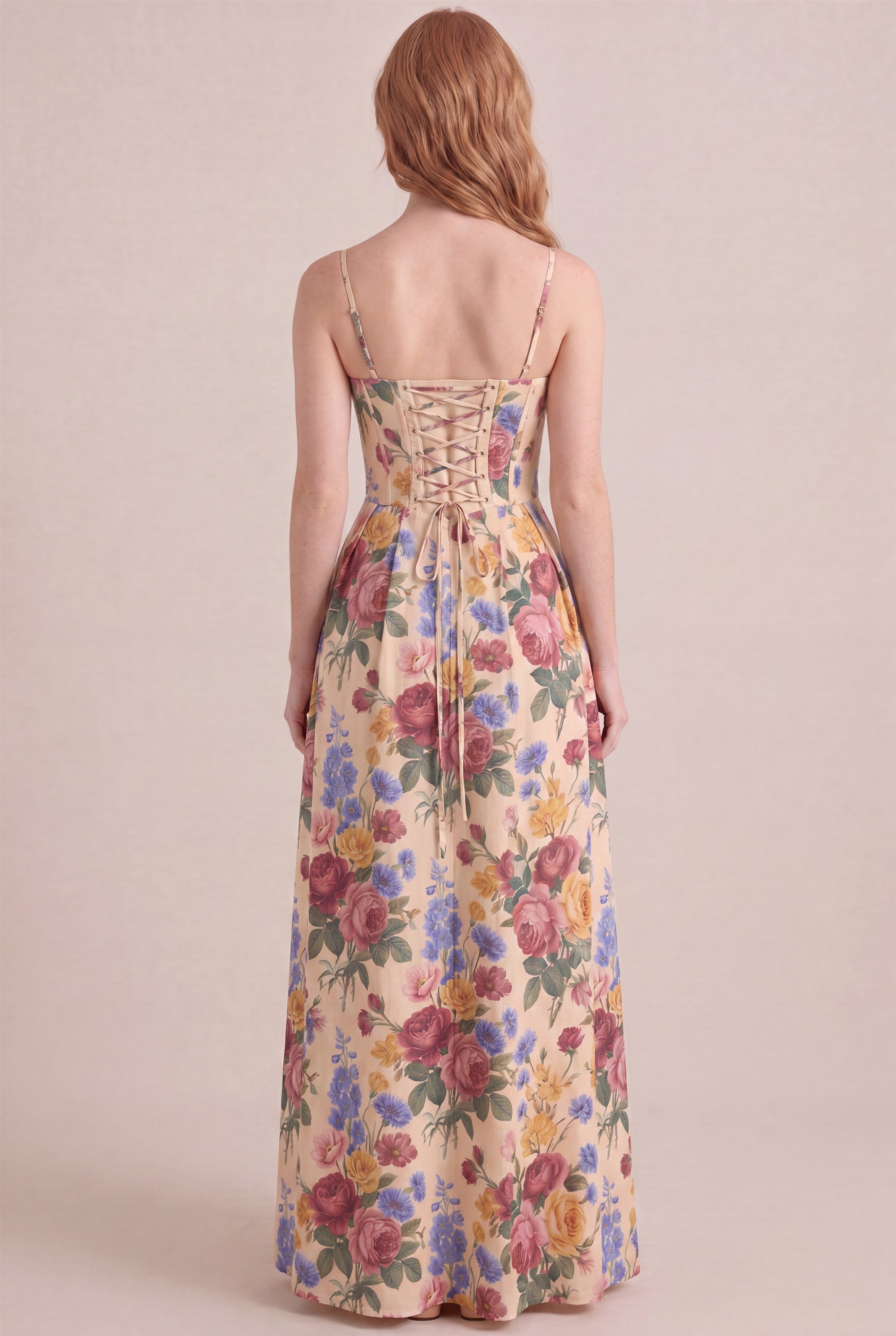 Vintage Rose Floral Dress - Corset lace-up back, maxi length, back view