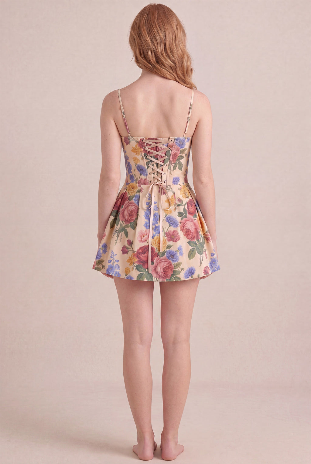Vintage Rose Floral Dress – Corset lace-up back, mini length, back view