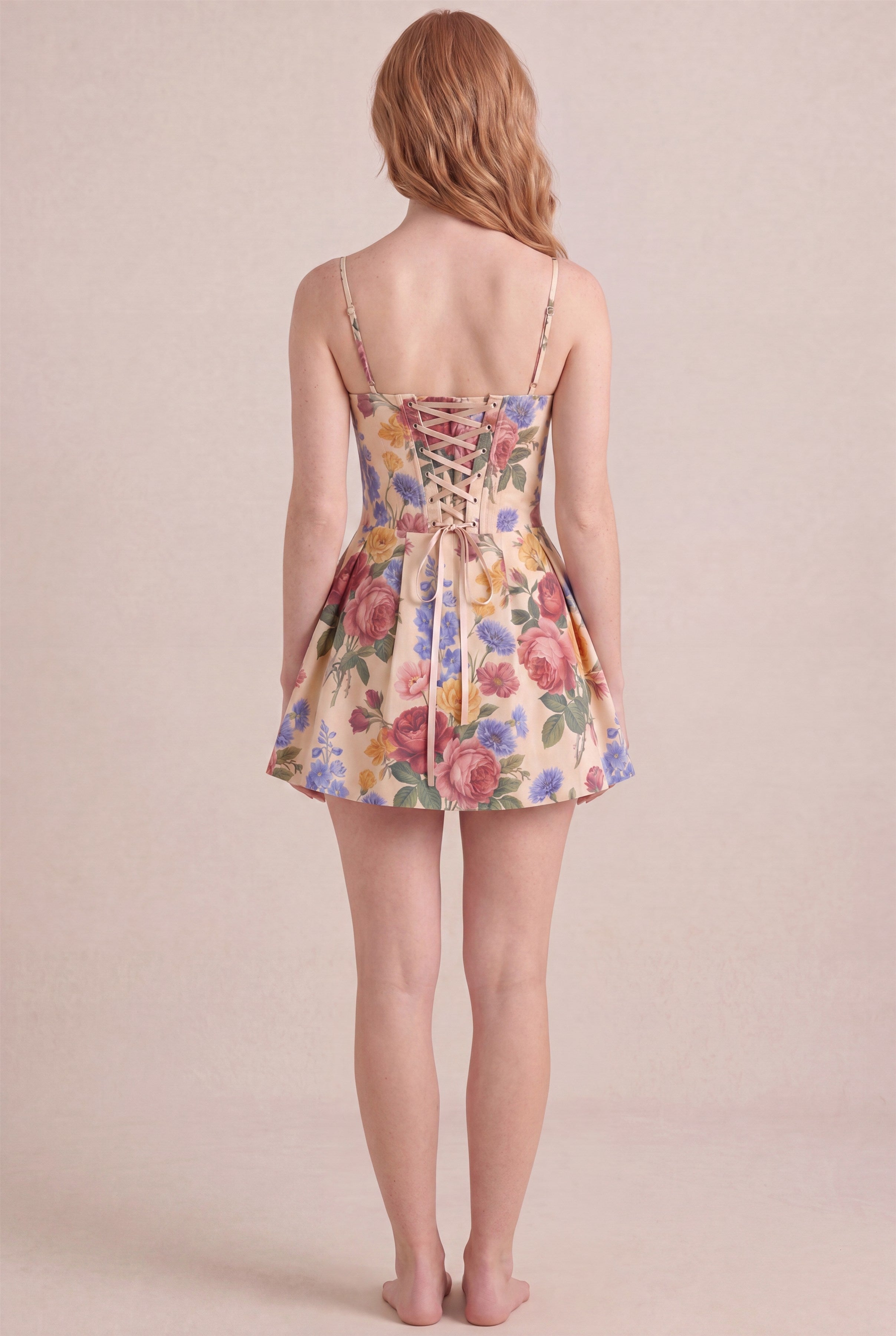 Vintage Rose Floral Dress – Corset lace-up back, mini length, back view