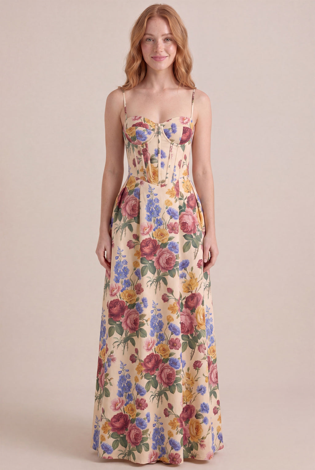 Vintage Rose Floral Dress – Corset sweetheart bustier, maxi length, front view