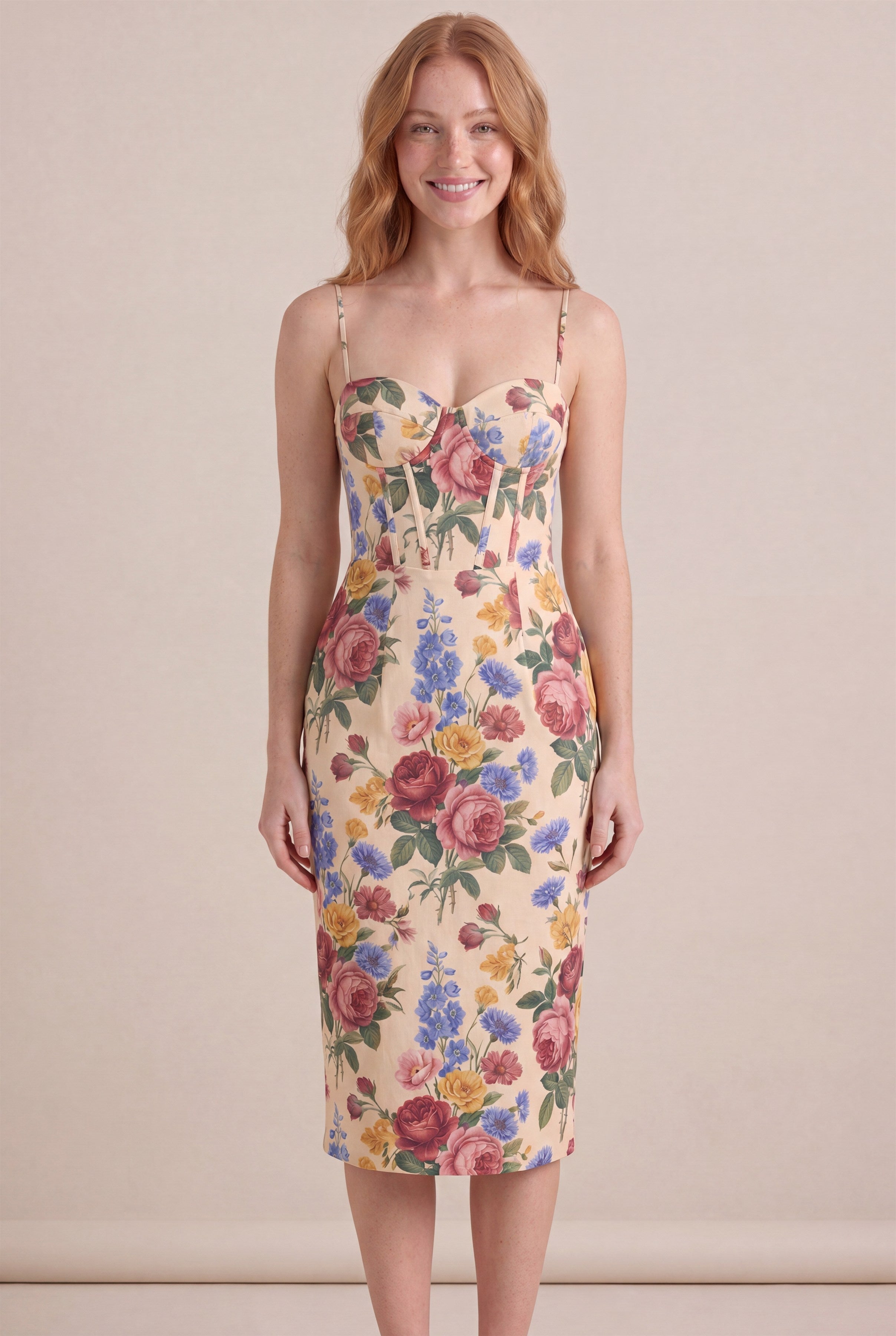 Vintage Rose Floral Dress – Corset sweetheart bustier, midi knee length, front view
