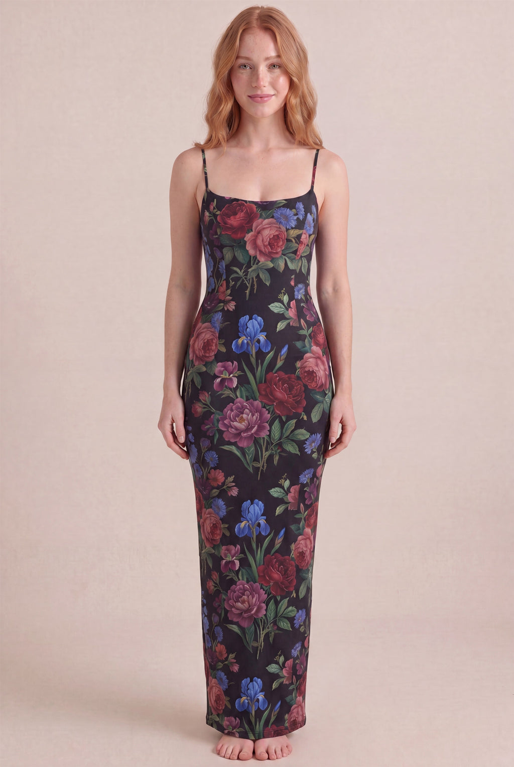 Midnight Rose Floral Dress – Bodycon body-hugging column, maxi length, front view