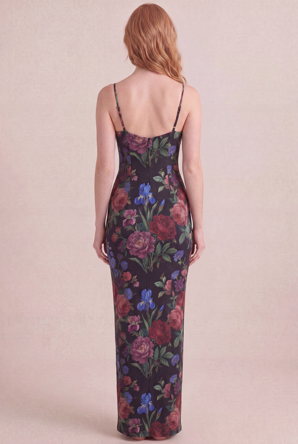Midnight Rose Floral Dress – Bodycon low scoop back, maxi length, back view