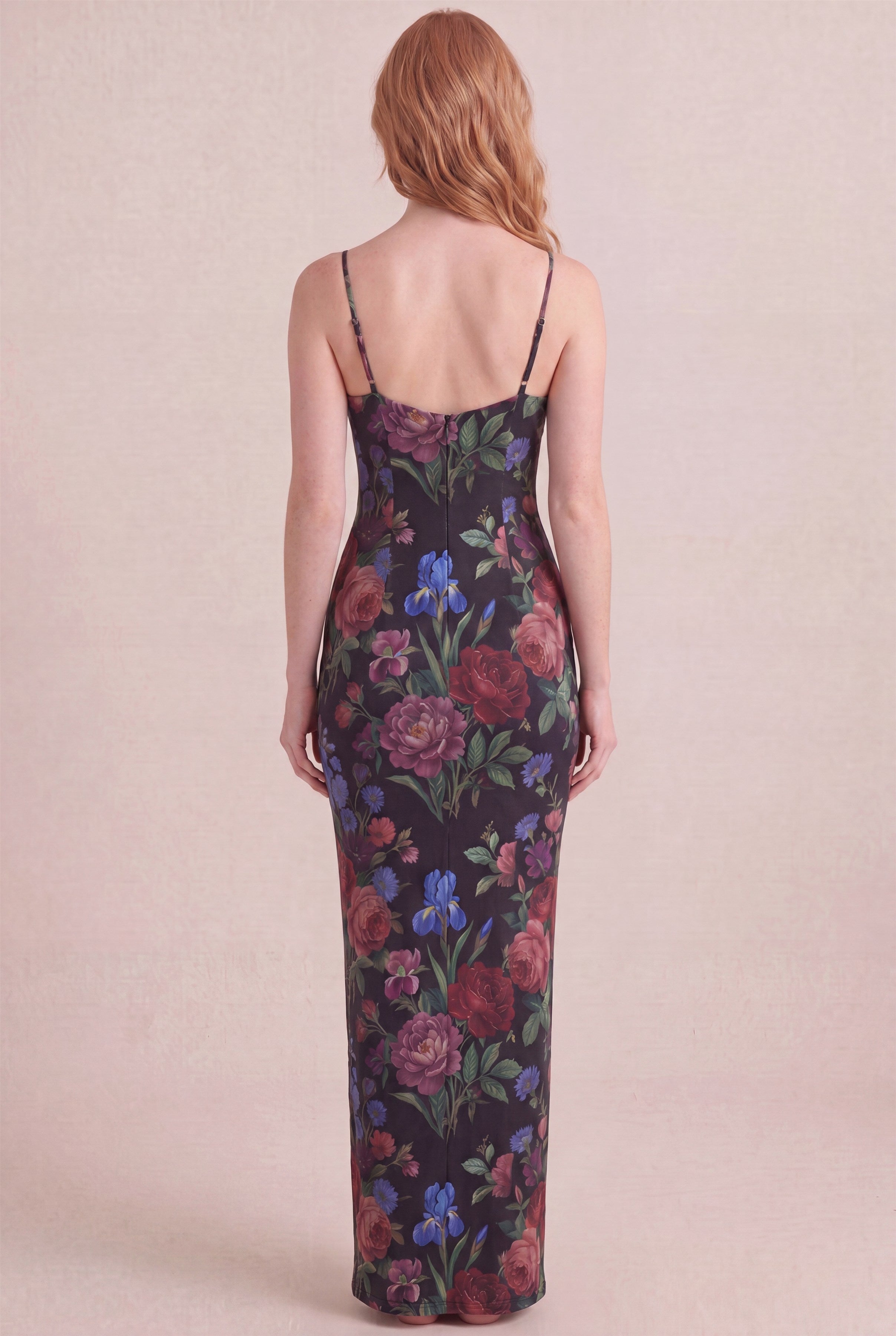 Midnight Rose Floral Dress – Bodycon low scoop back, maxi length, back view