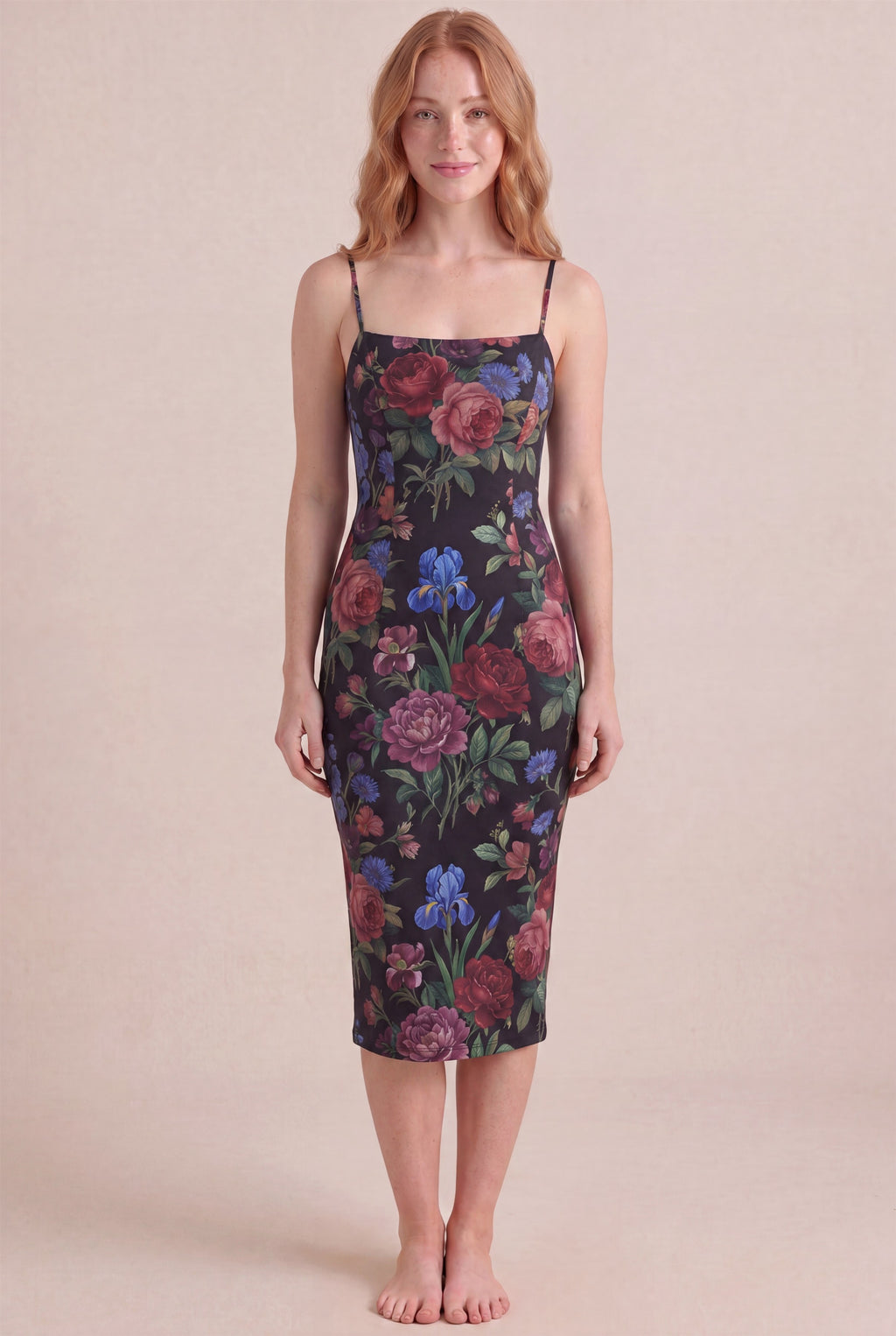Midnight Rose Floral Dress – Bodycon body-hugging fit, midi length, front view