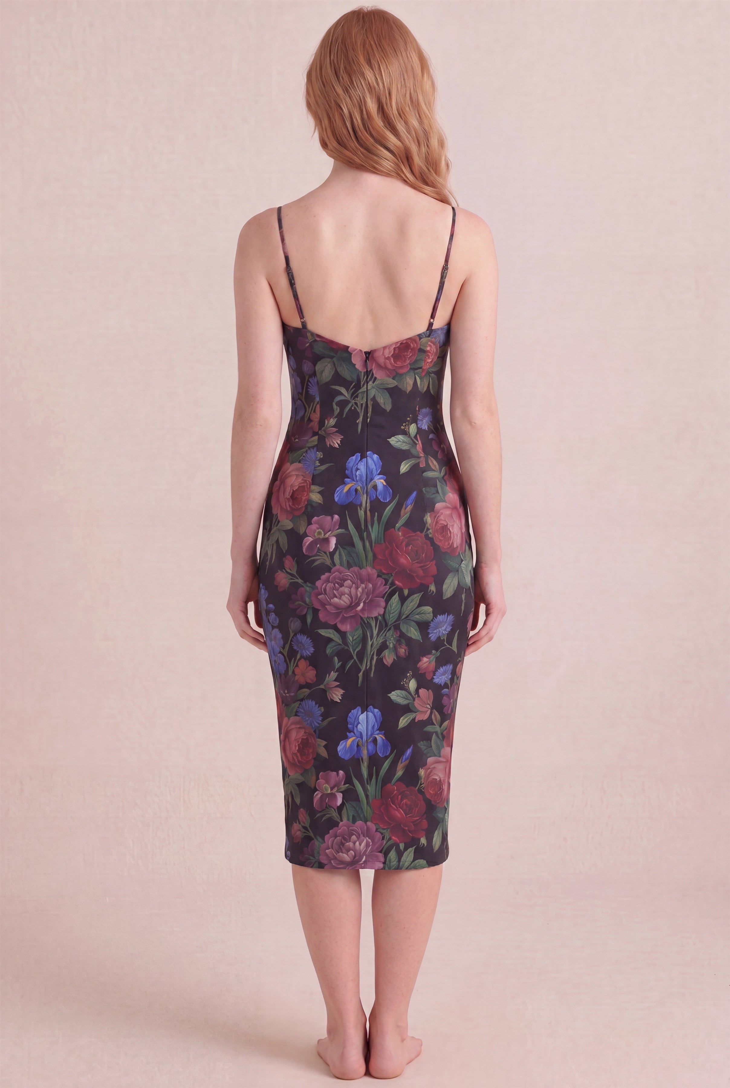Midnight Rose Floral Dress – Bodycon low scoop back, midi length, back view