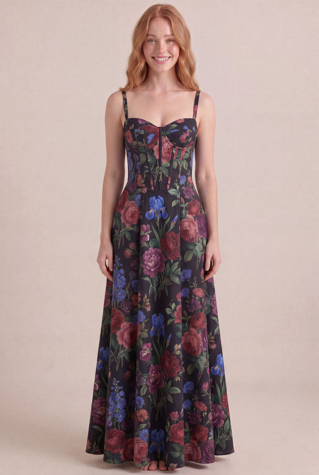 Midnight Rose Floral Dress – Corset sweetheart bustier, maxi length, front view