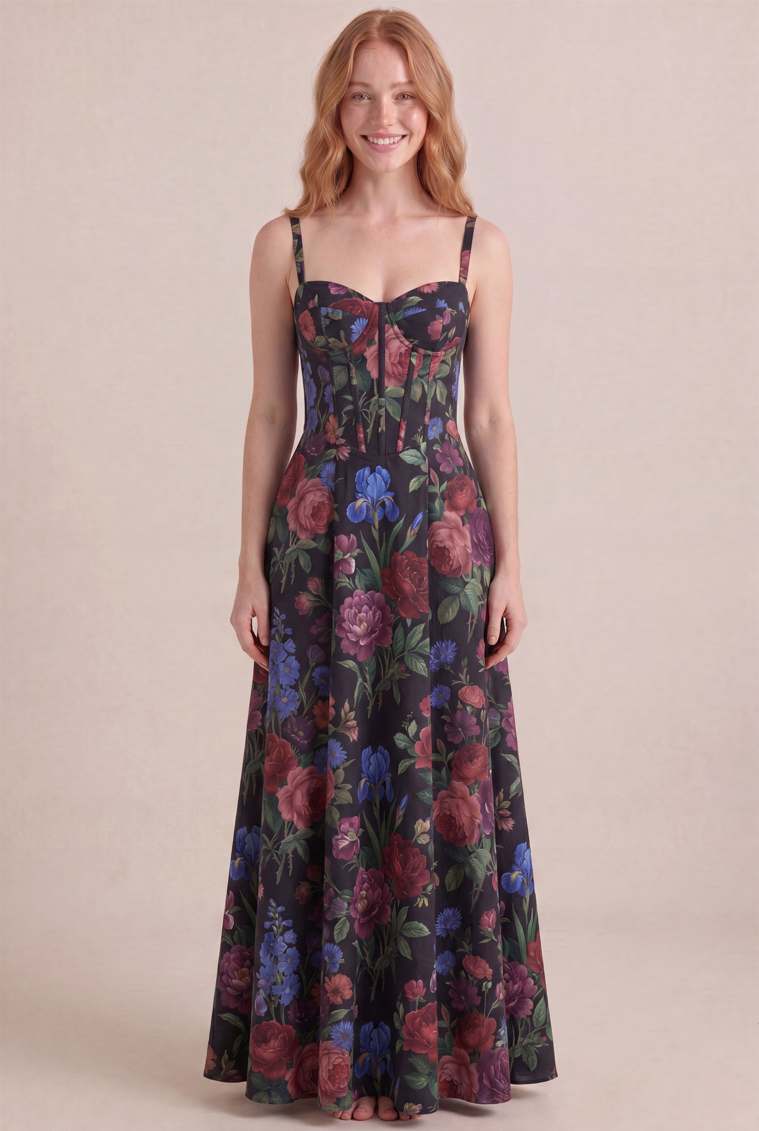 Midnight Rose Floral Dress – Corset sweetheart bustier, maxi length, front view