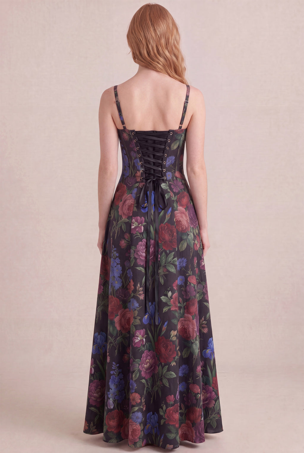 Midnight Rose Floral Dress – Corset lace-up back, maxi length, back view