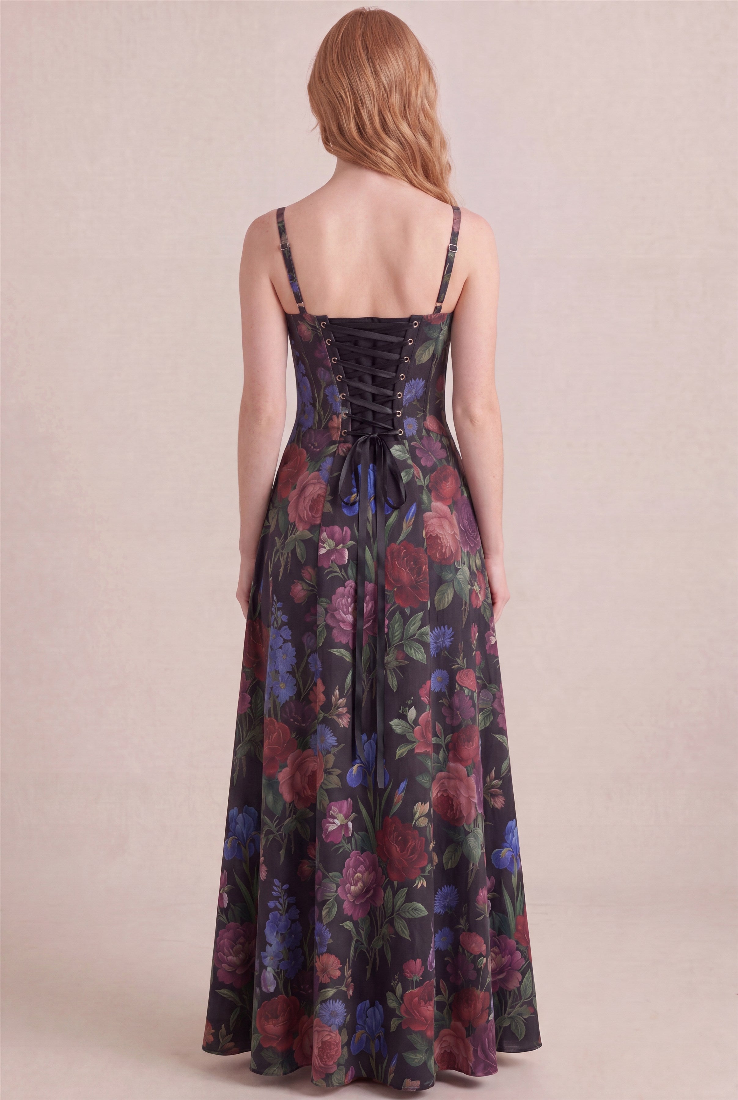 Midnight Rose Floral Dress – Corset lace-up back, maxi length, back view