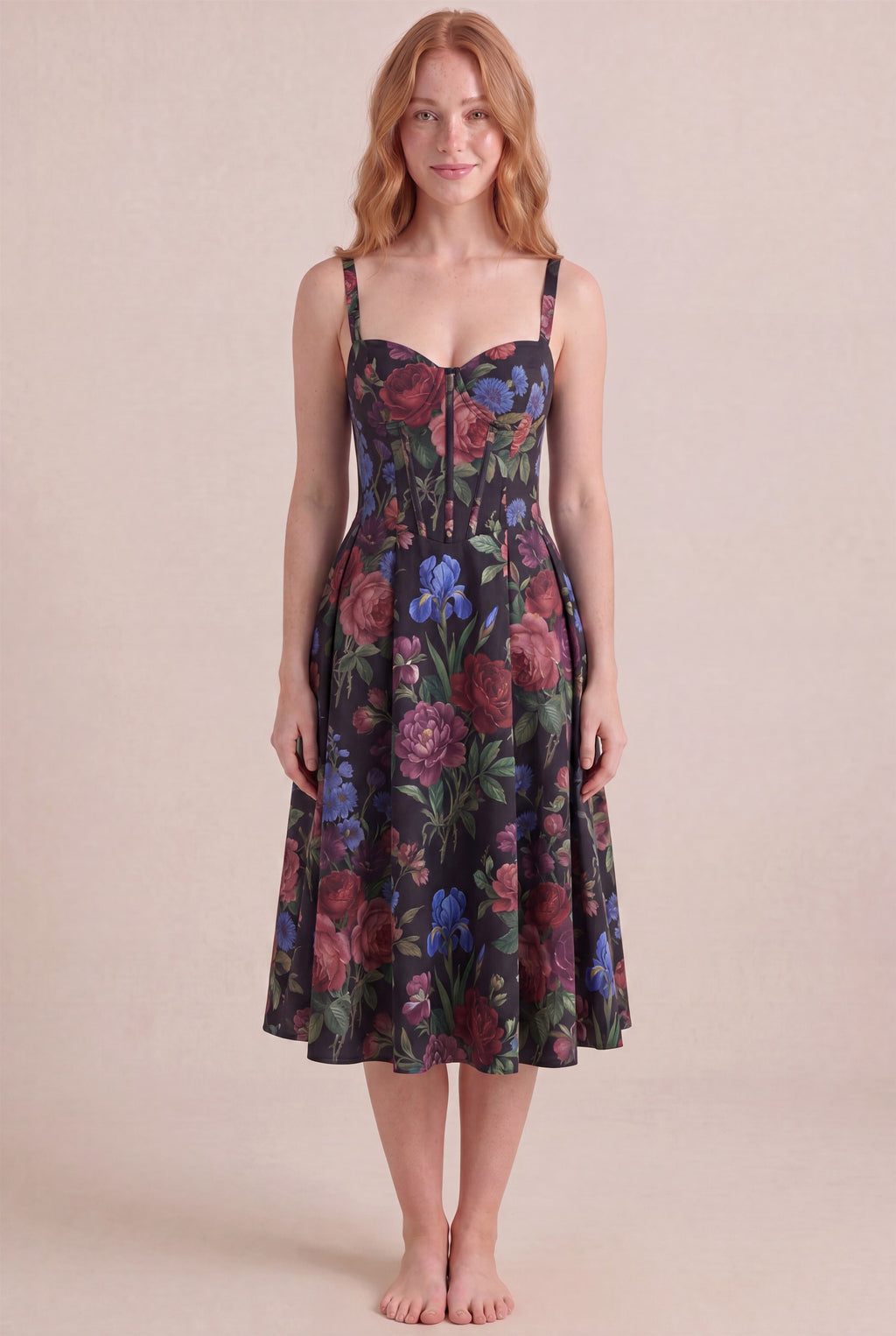 Midnight Rose Floral Dress – Corset sweetheart bustier, midi length, front view