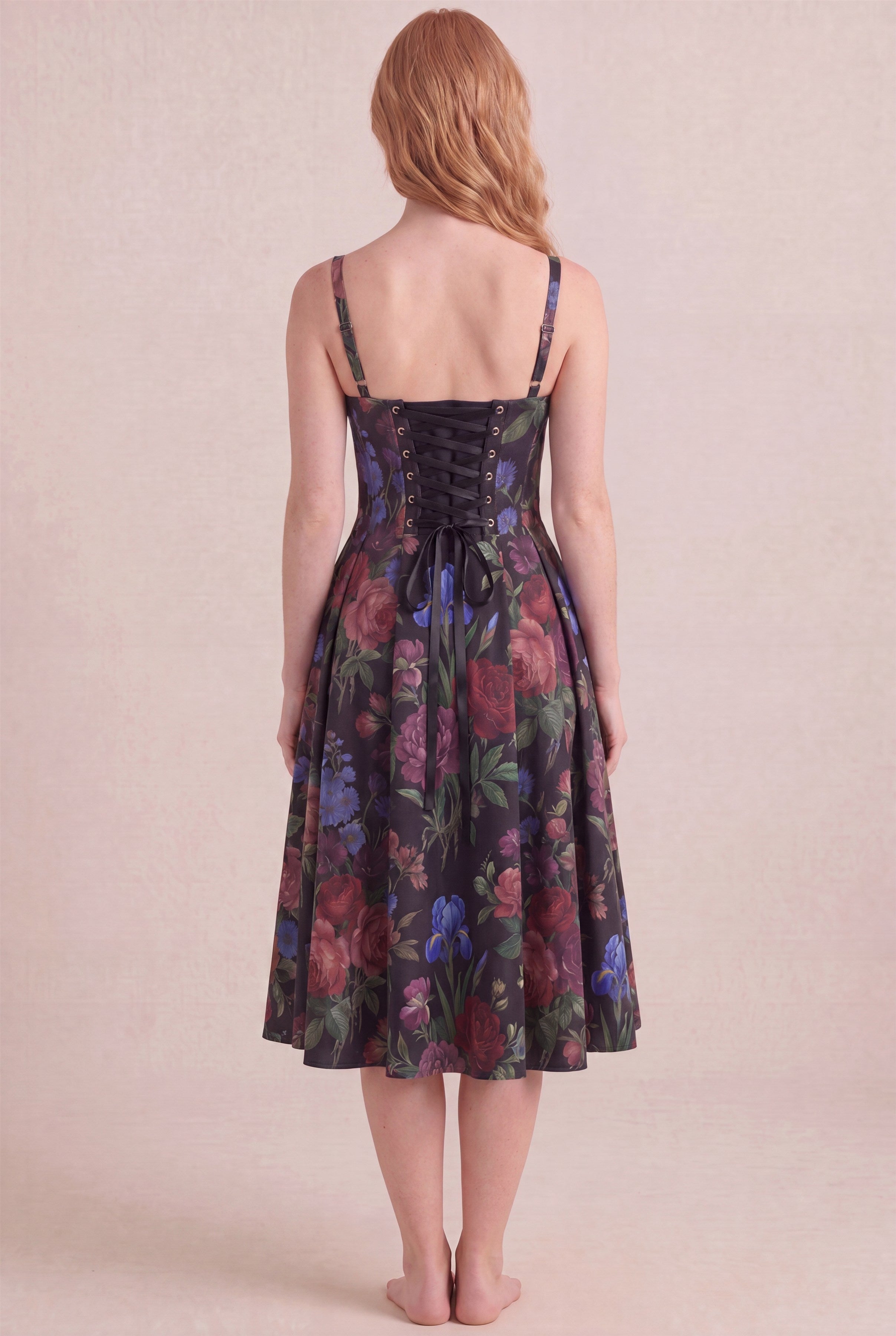 Midnight Rose Floral Dress – Corset lace-up back, midi length, back view