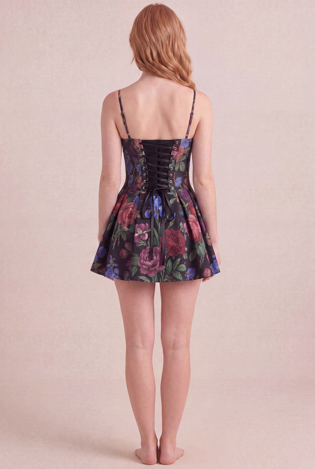 Midnight Rose Floral Dress – Corset lace-up back, mini length, back view