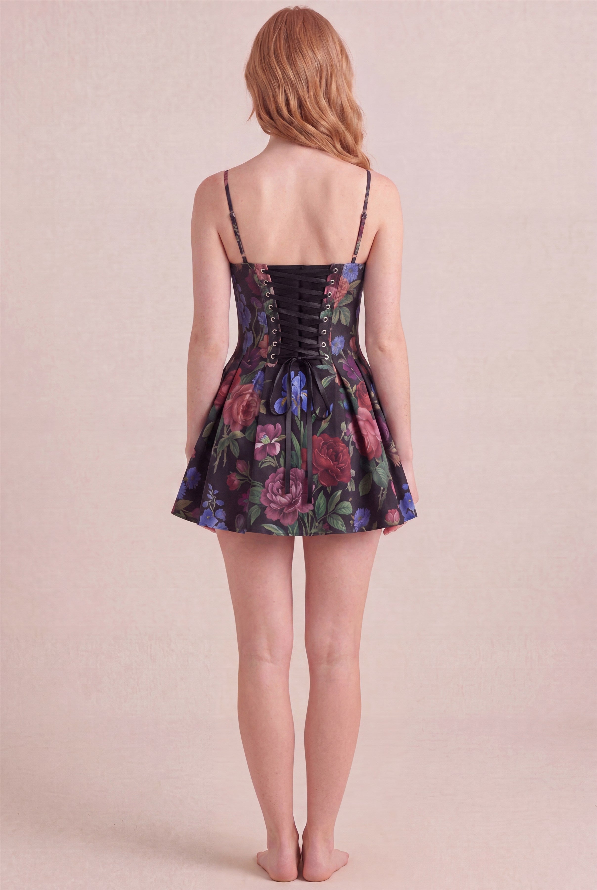 Midnight Rose Floral Dress – Corset lace-up back, mini length, back view