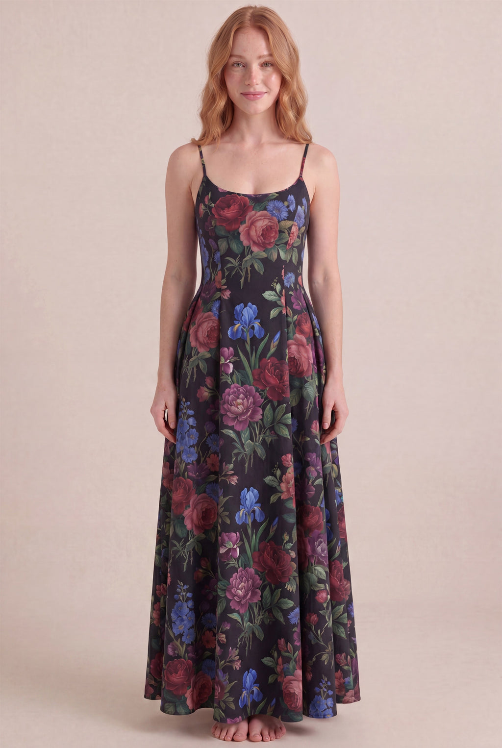 Midnight Rose Floral Dress – Regular scoop neckline, maxi length, front view
