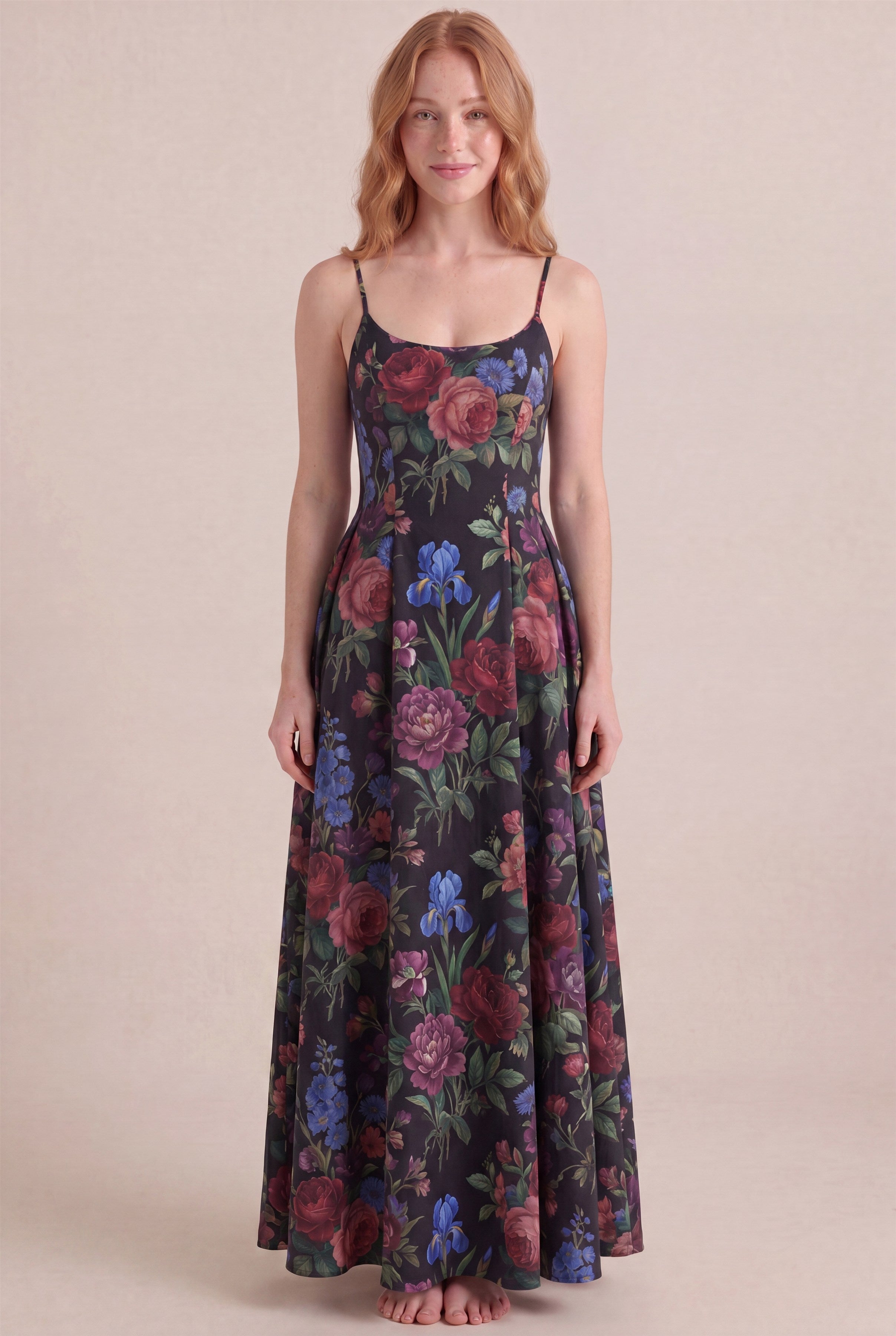 Midnight Rose Floral Dress – Regular scoop neckline, maxi length, front view