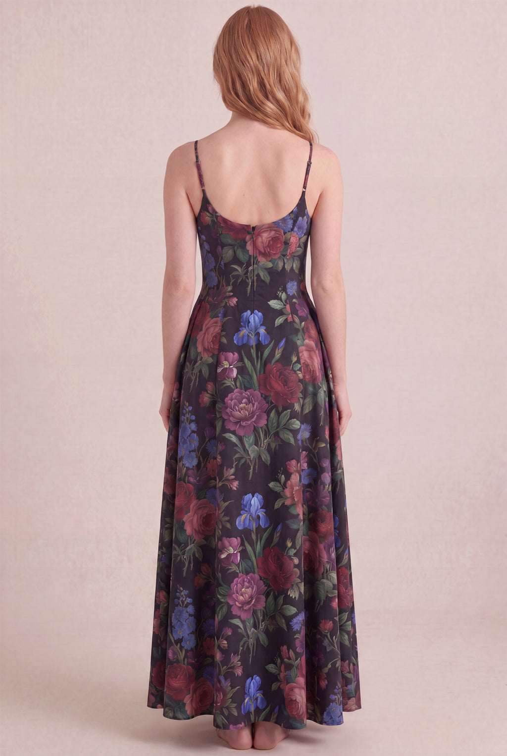 Midnight Rose Floral Dress – Regular scoop back, maxi length, back view