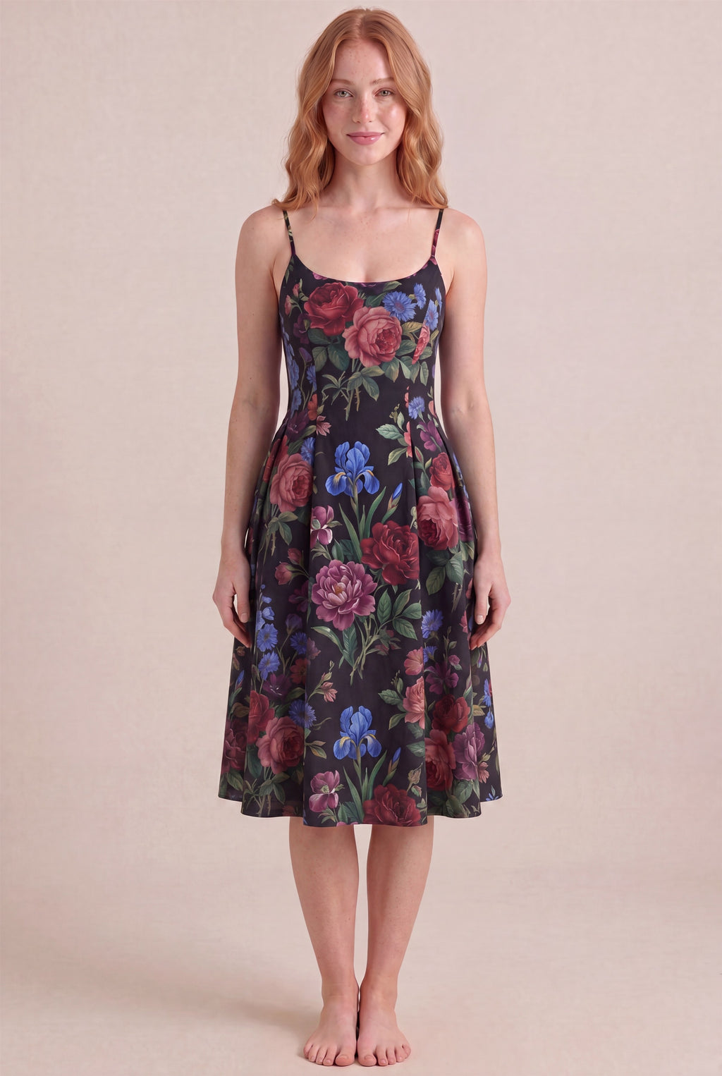 Midnight Rose Floral Dress – Regular scoop neckline, midi length, front view