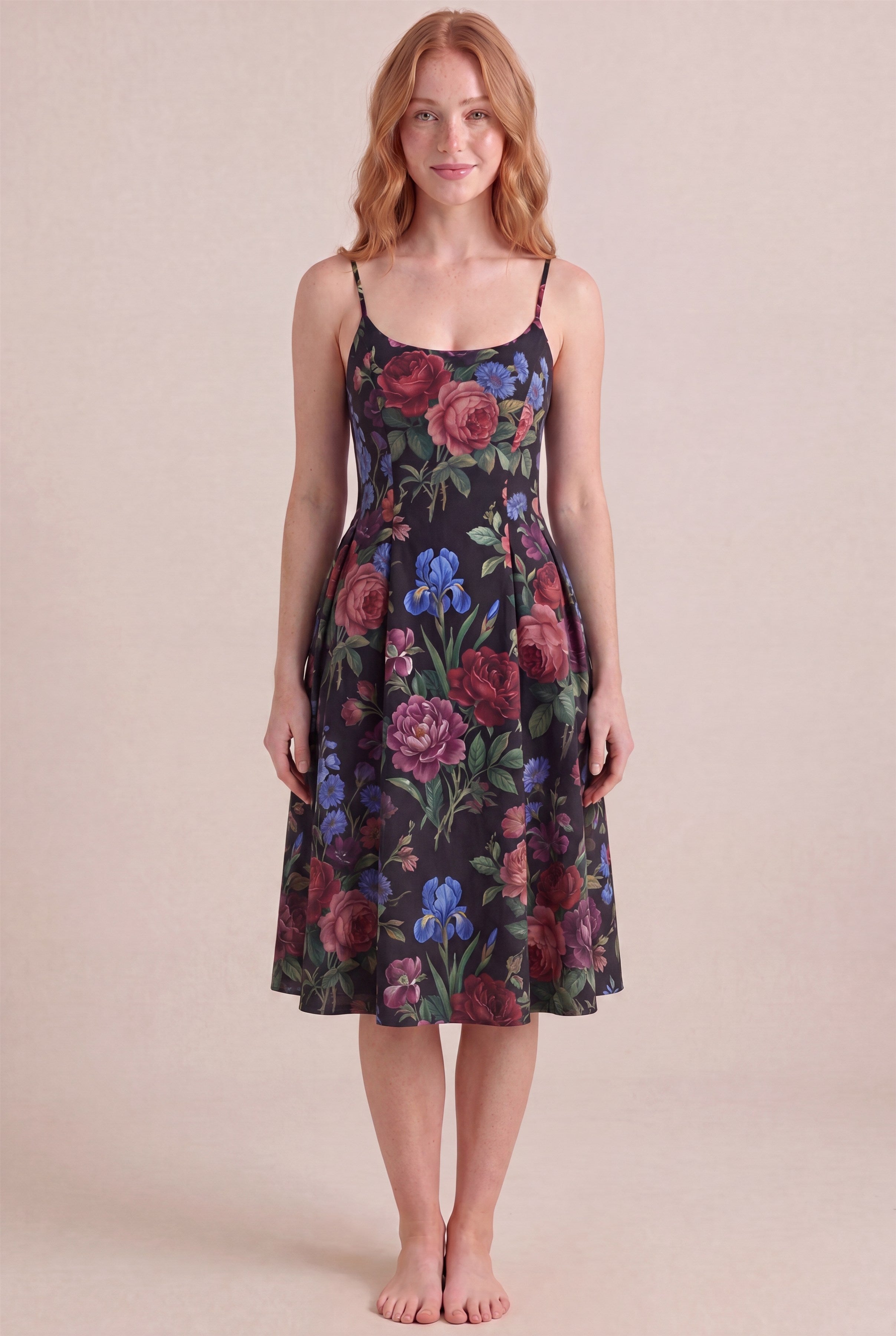 Midnight Rose Floral Dress – Regular scoop neckline, midi length, front view