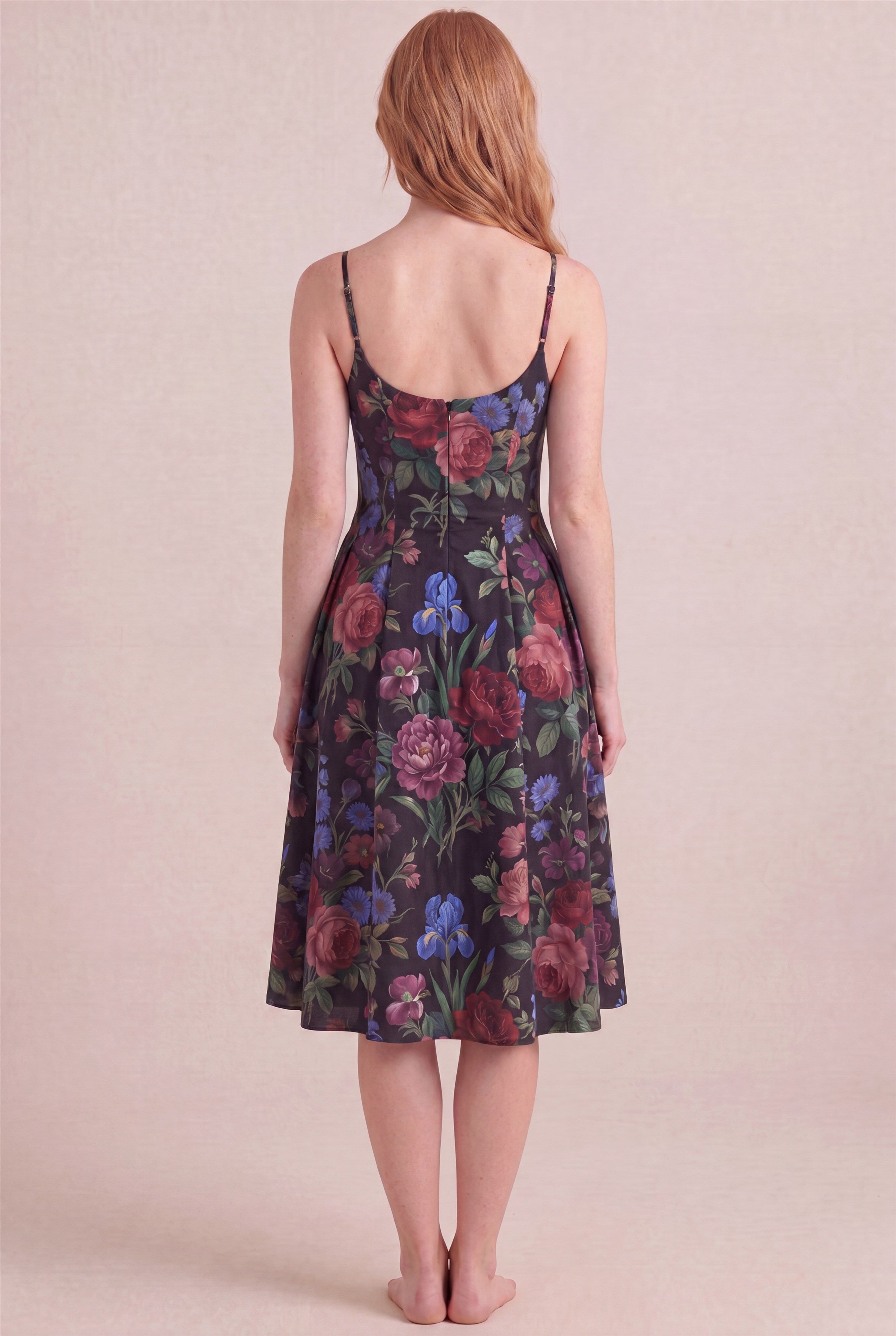 Midnight Rose Floral Dress – Regular scoop back, midi length, back view