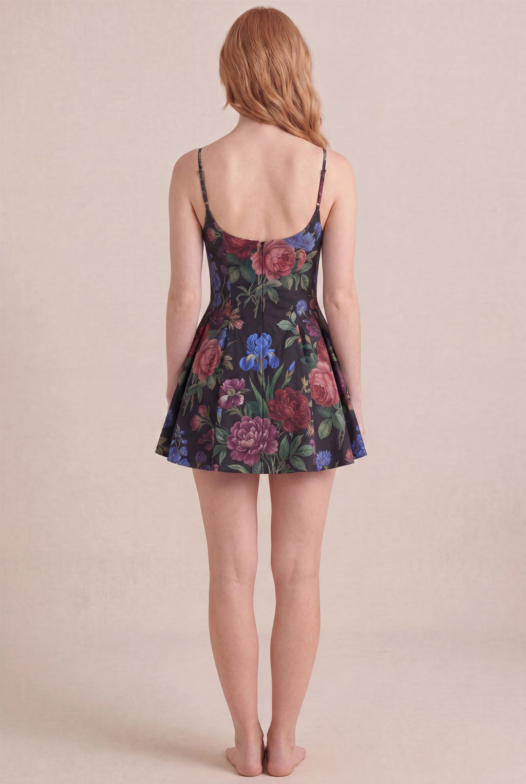 Midnight Rose Floral Dress – Regular scoop back, mini length, back view