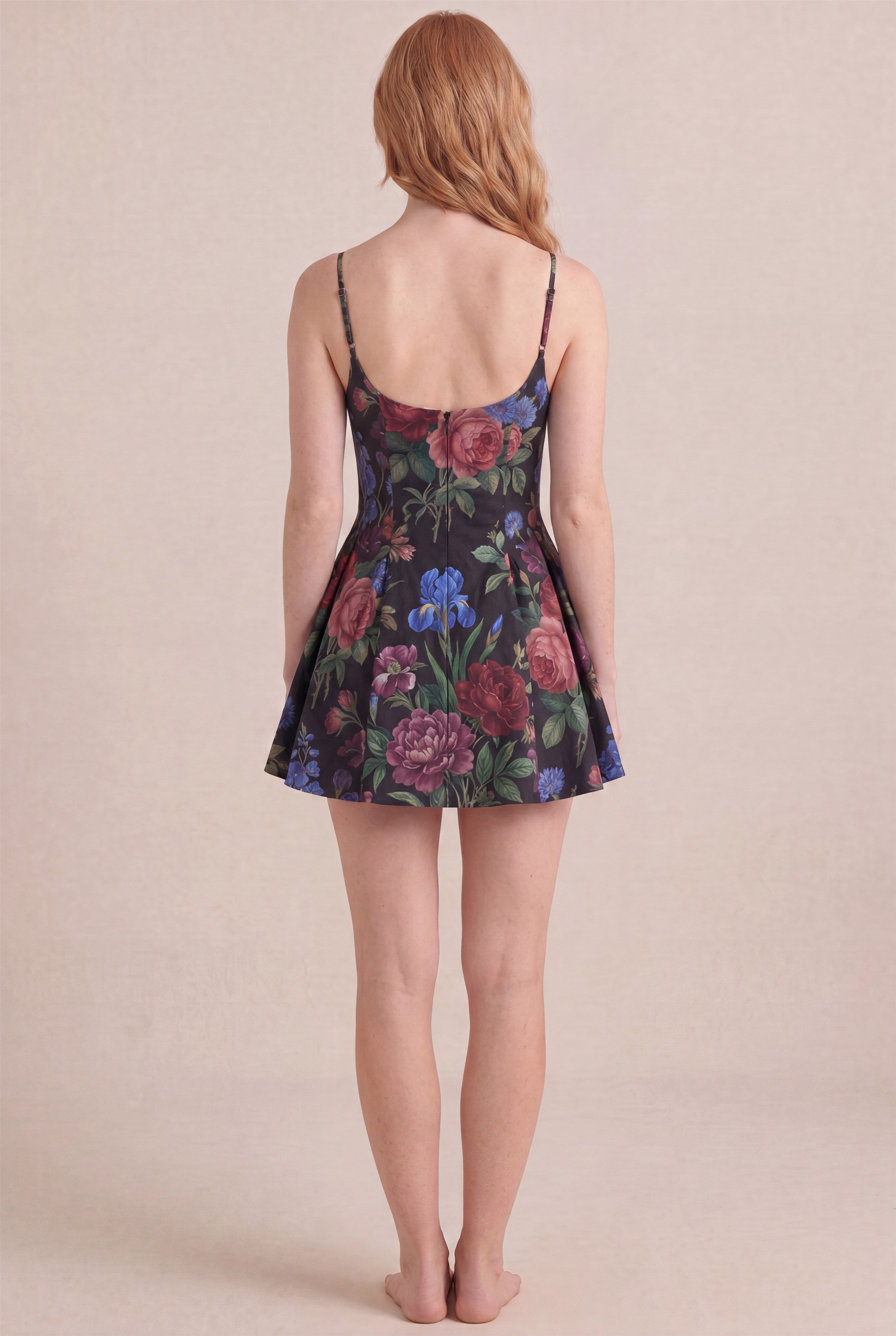 Midnight Rose Floral Dress – Regular scoop back, mini length, back view
