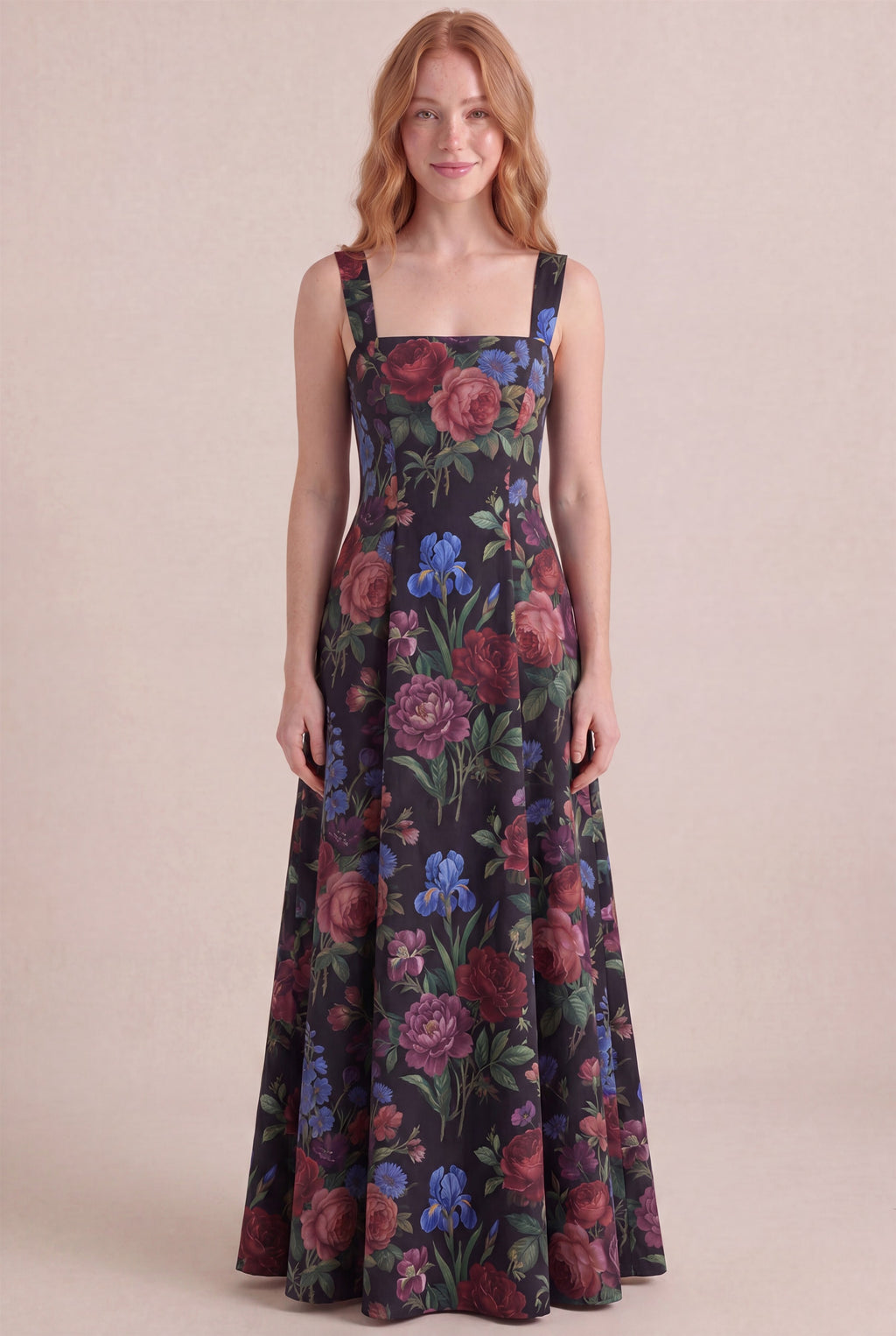 Midnight Rose Floral Dress – Square neckline thick straps, maxi length, front view