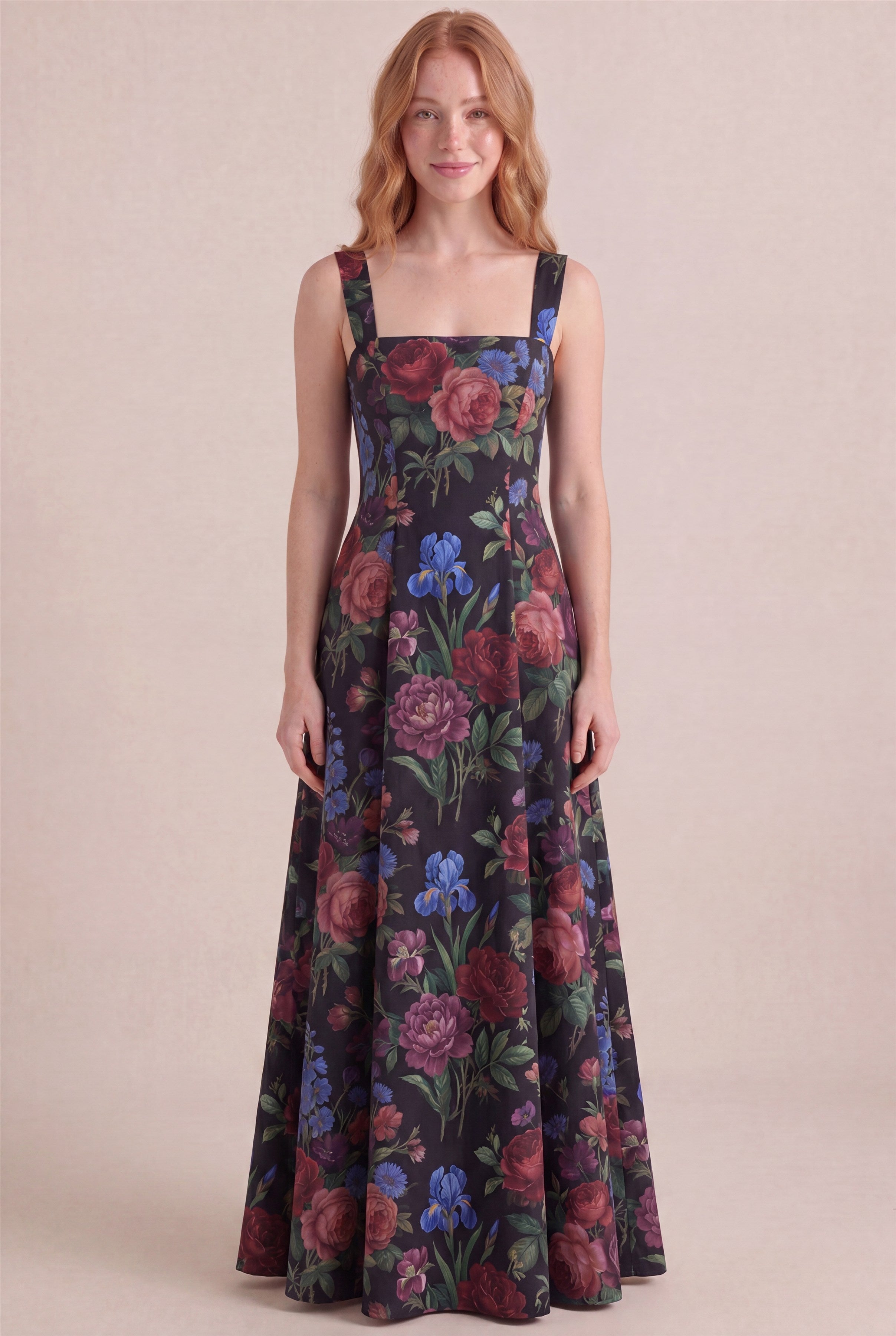 Midnight Rose Floral Dress – Square neckline thick straps, maxi length, front view