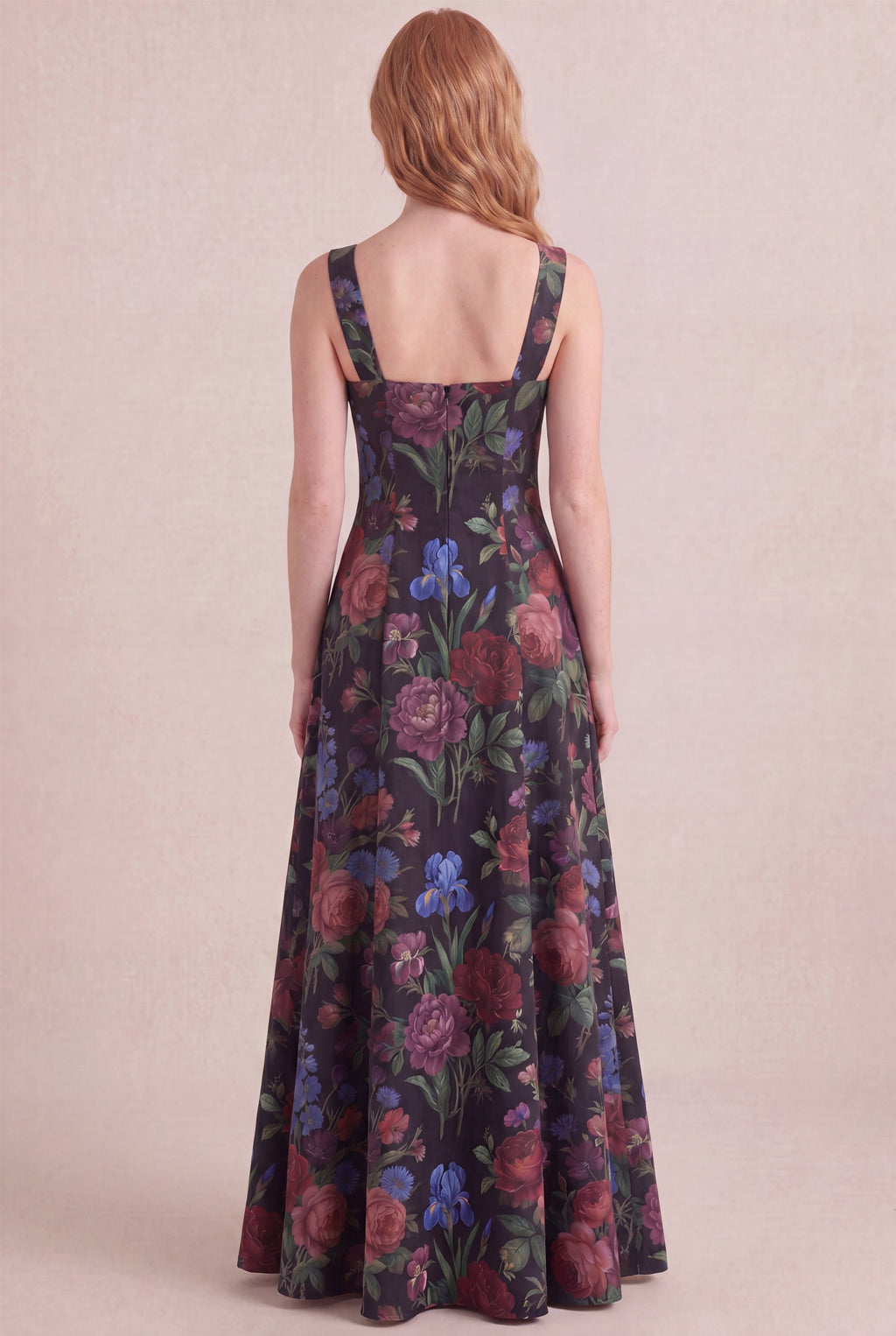 Midnight Rose Floral Dress – Square neck thick straps back, maxi length, back view